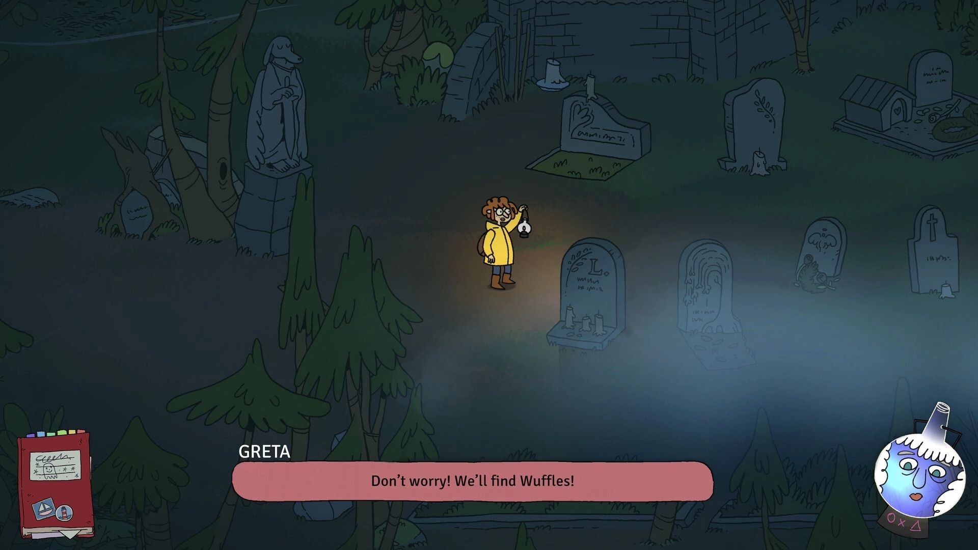 Greta Sees Ghosts!: Greta holding lantern in misty graveyard with dialogue and inventory icons visible.