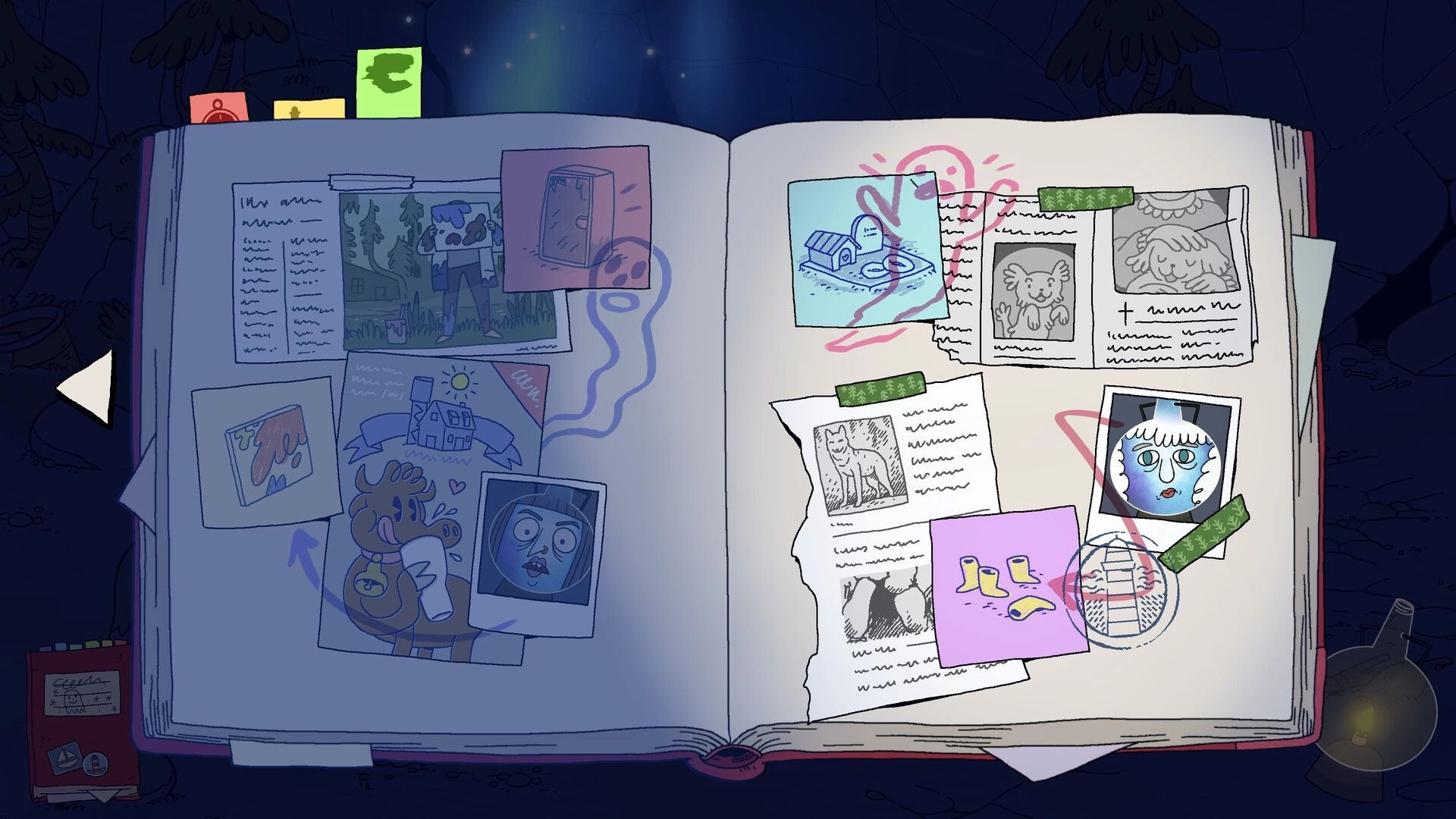 Greta Sees Ghosts!: Open scrapbook with ghost sketches and photos on a dimly lit desk environment.