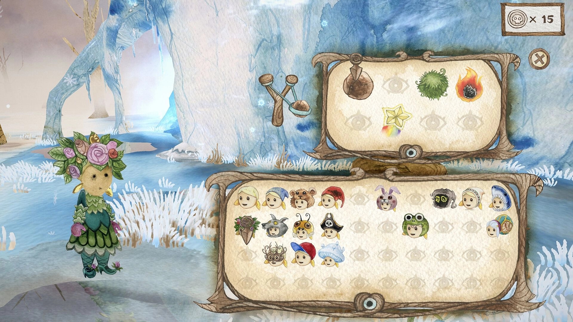 Gretel & Hansel: Character costume selection menu in icy forest setting with whimsical designs
