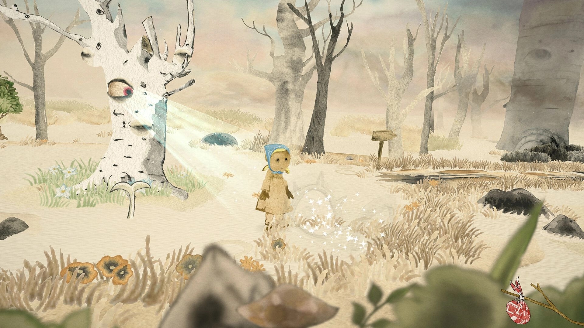 Gretel & Hansel: Gretel stands by a magical tree in a barren forest, observing sparkling ground effects.