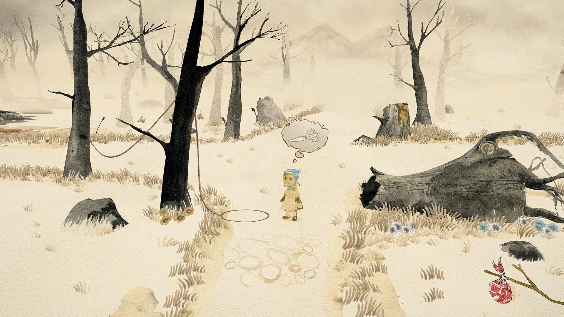 Gretel & Hansel: Gretel in snowy forest with thought bubble of carrot, surrounded by bare trees