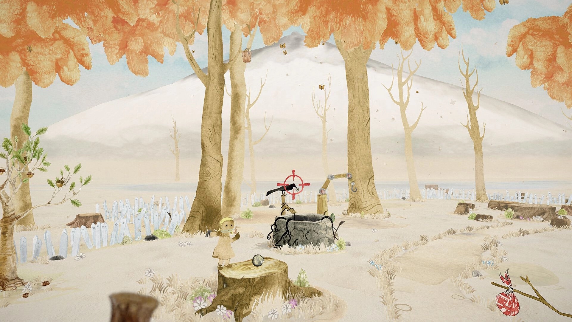 Gretel & Hansel: Gretel stands near a well with target icon, surrounded by autumn trees in the forest.