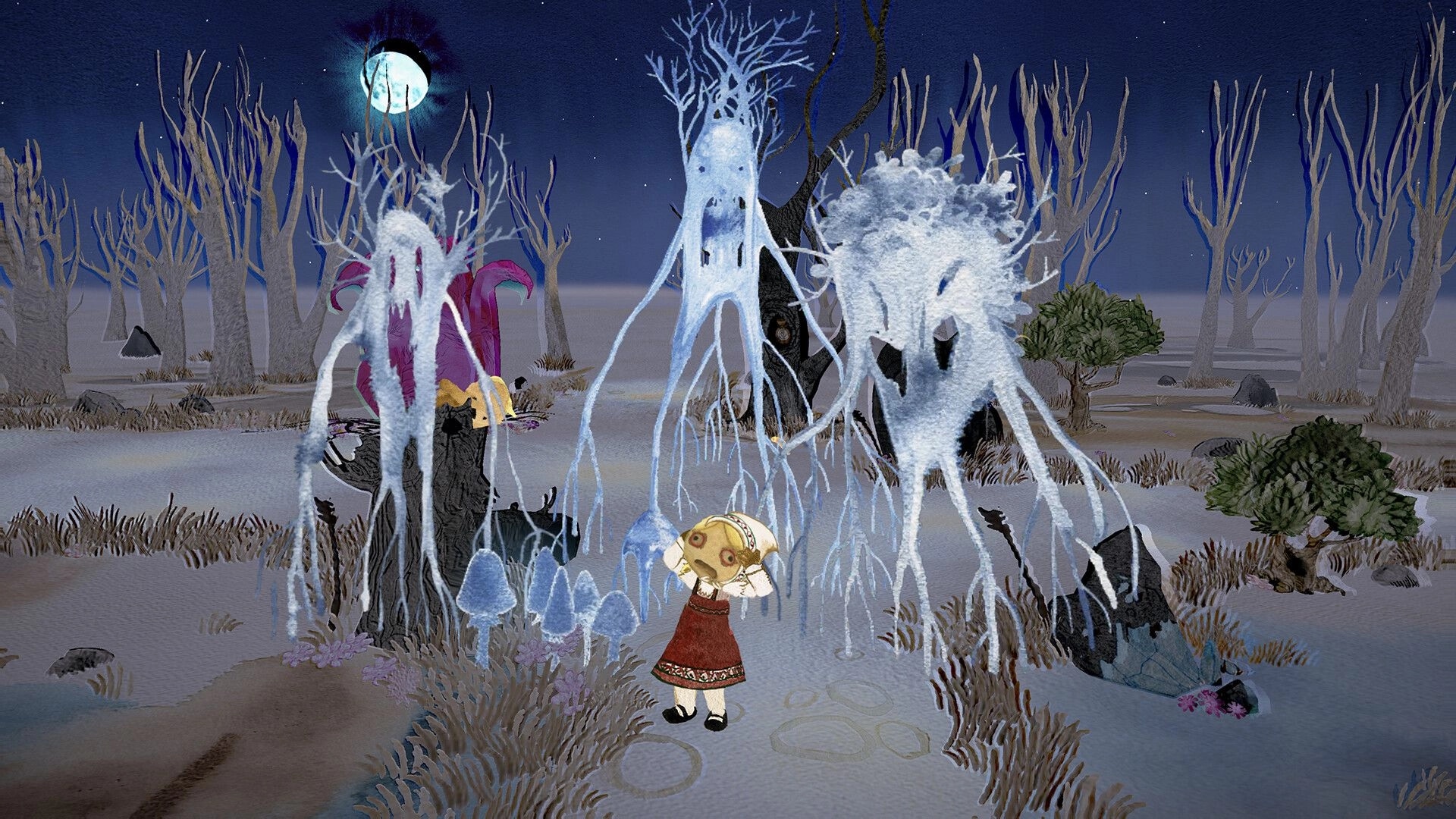 Gretel & Hansel: Gretel navigating eerie forest with ghostly figures under a bright full moon