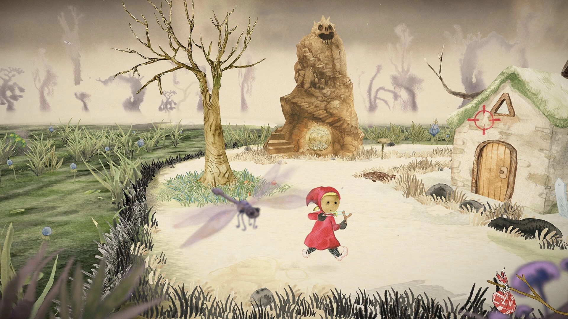 Gretel & Hansel: Gretel running from large insect near eerie cottage in haunted forest setting