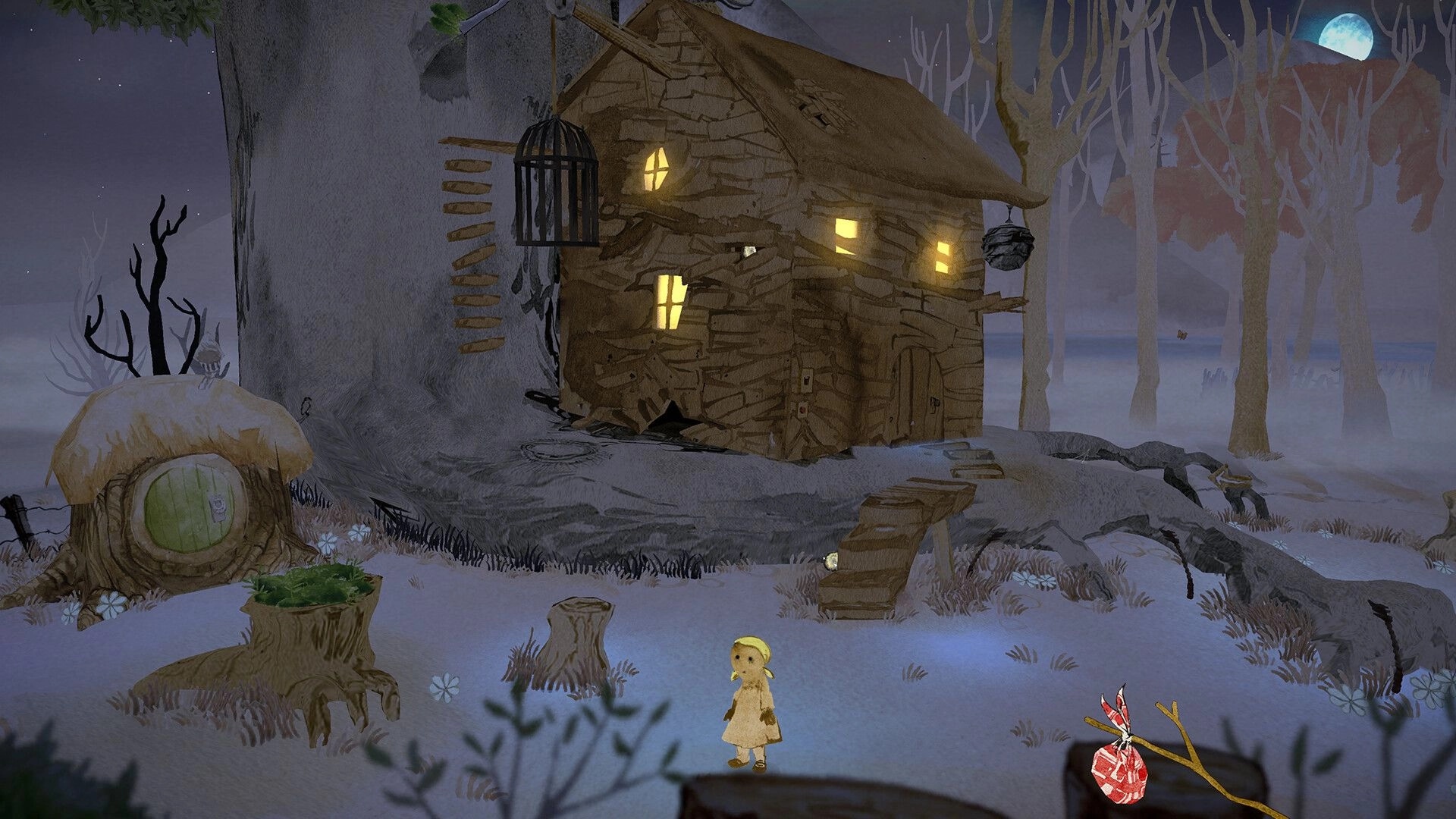 Gretel & Hansel: Gretel stands outside a dimly lit wooden house in a moonlit, eerie forest setting.