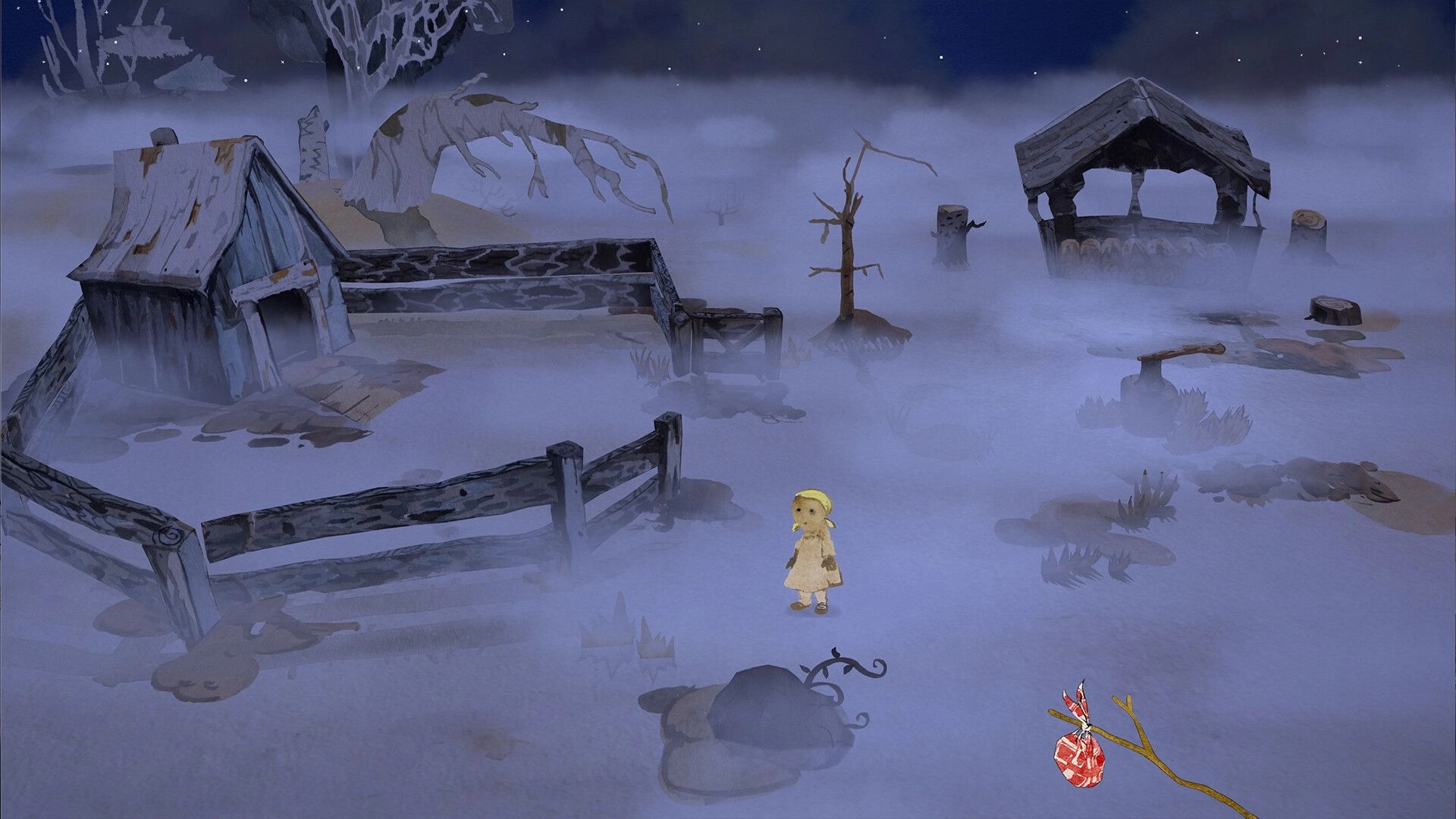 Gretel & Hansel: Gretel exploring misty forest with abandoned huts and leafless trees in the background