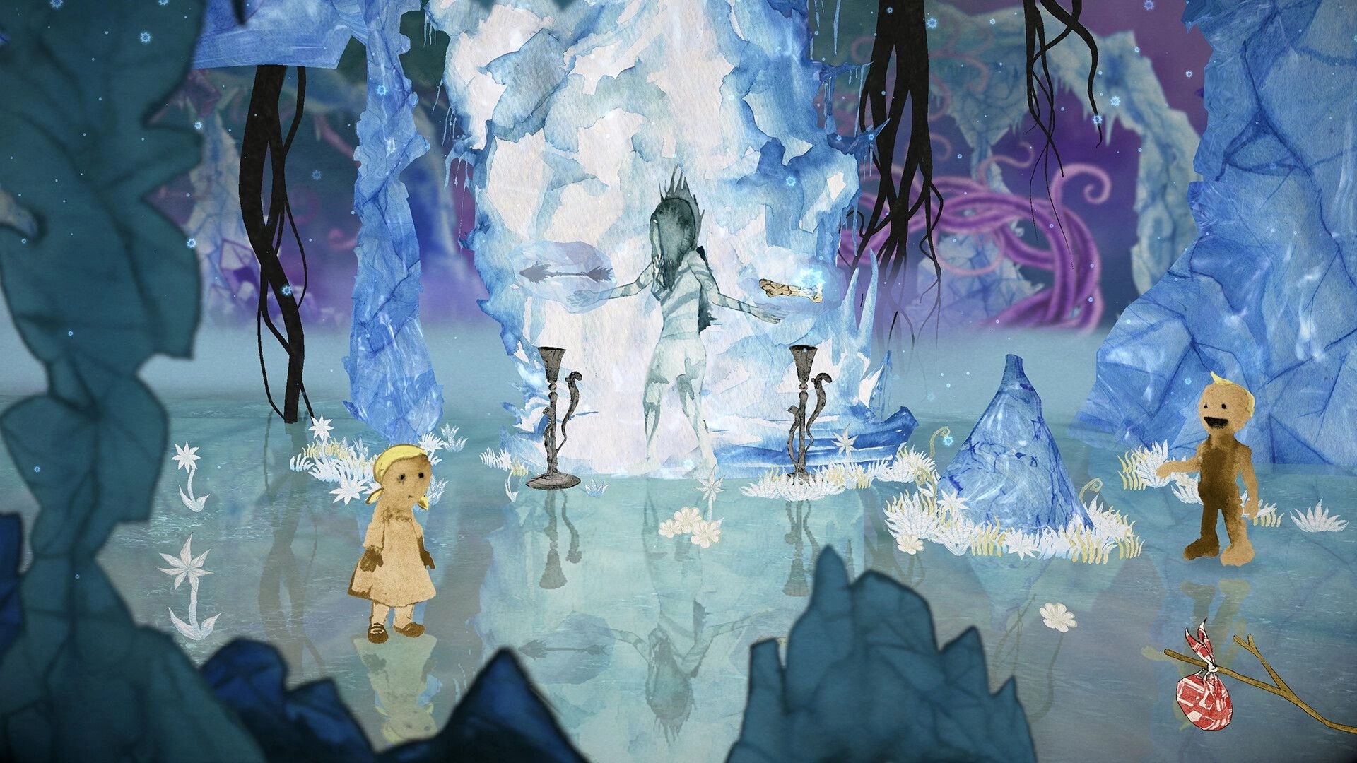 Gretel & Hansel: Gretel and Hansel stand in icy cave with mysterious icy figure in watercolor style