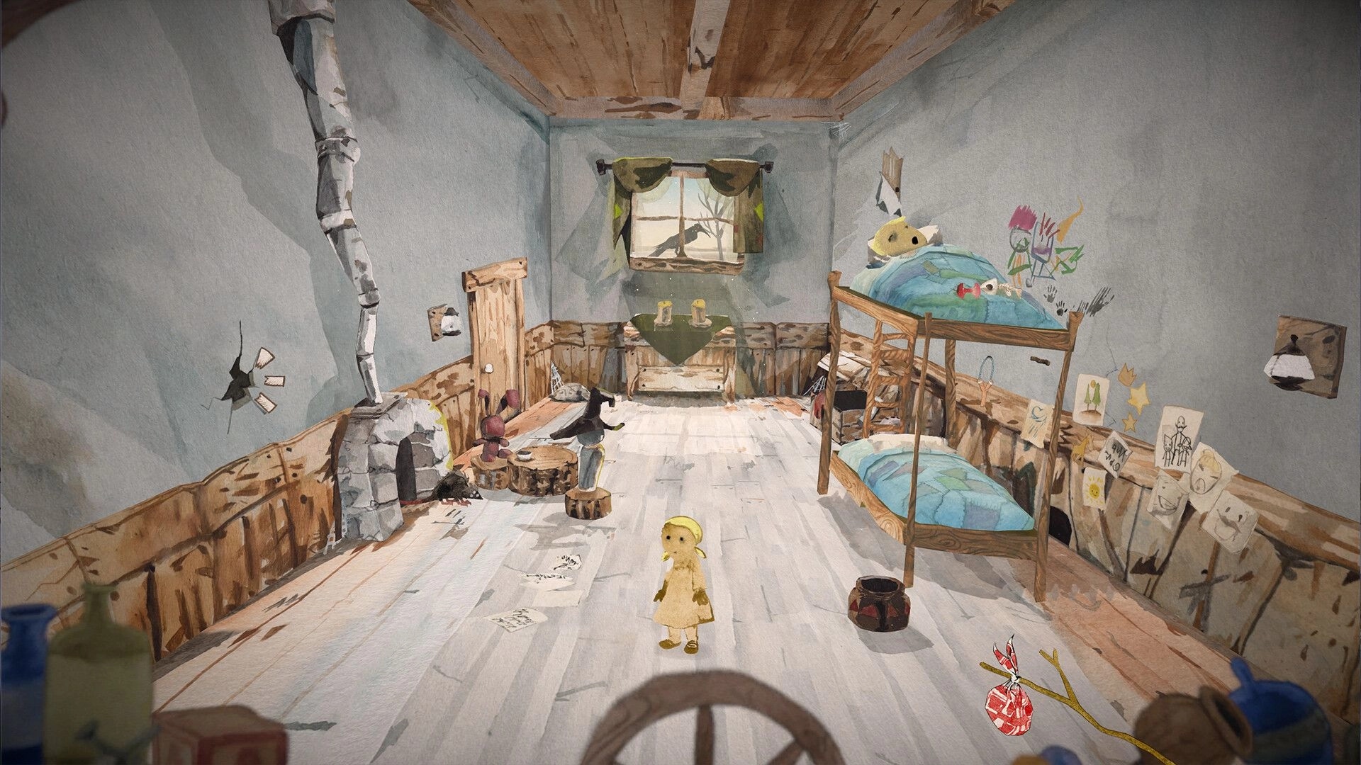 Gretel & Hansel: Gretel stands in a rustic room with bunk beds, drawings on walls, and a small stove.