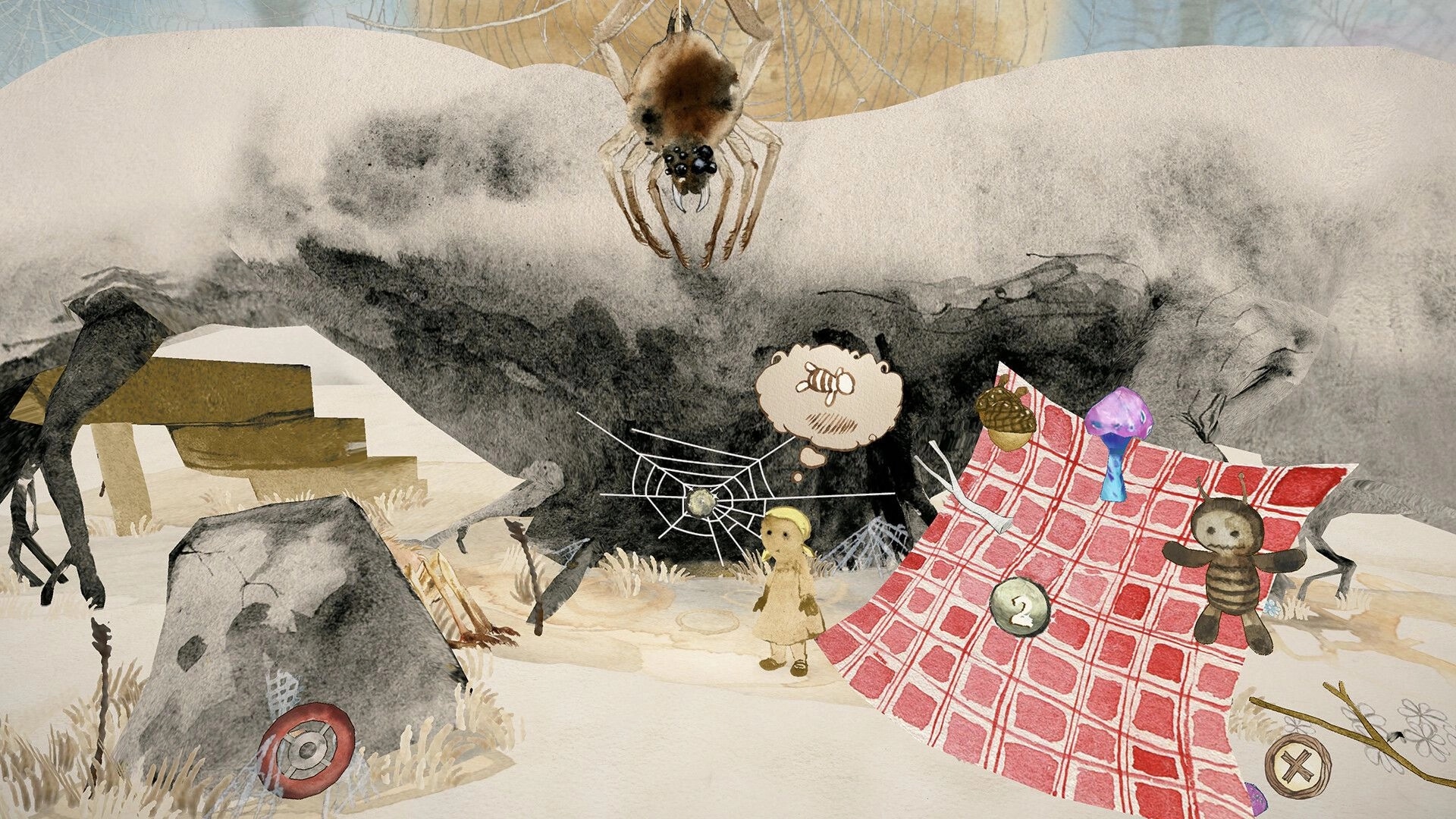Gretel & Hansel: Gretel stands by a spider web in a snowy forest with picnic items on a red blanket.