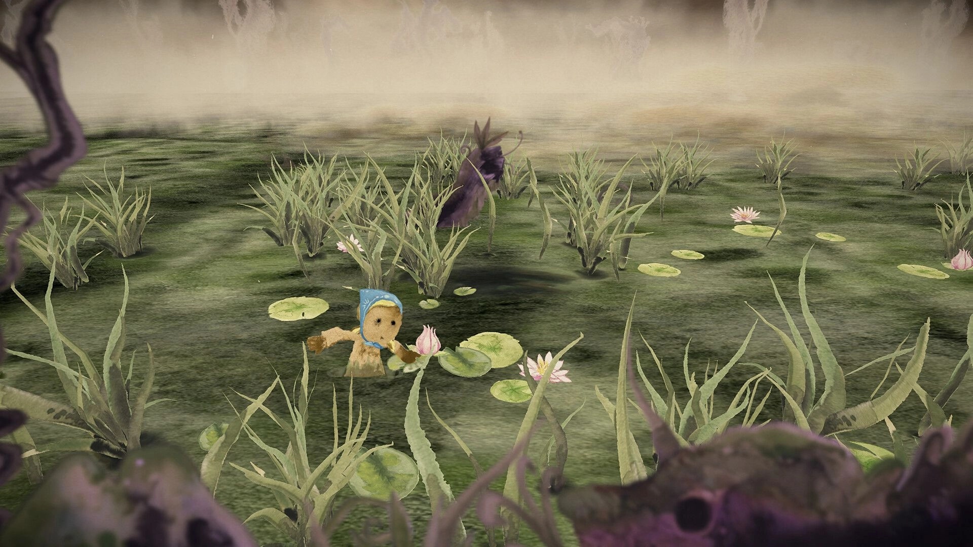 Gretel & Hansel: Gretel navigating a swamp with lily pads and grass in a misty forest environment