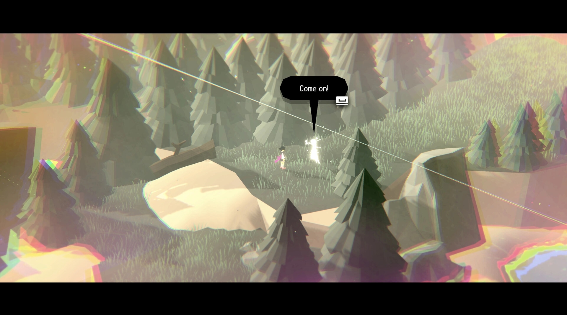 Grey Wake: Player approaches a glowing spirit with “Come on!” dialog in a misty pine forest clearing.