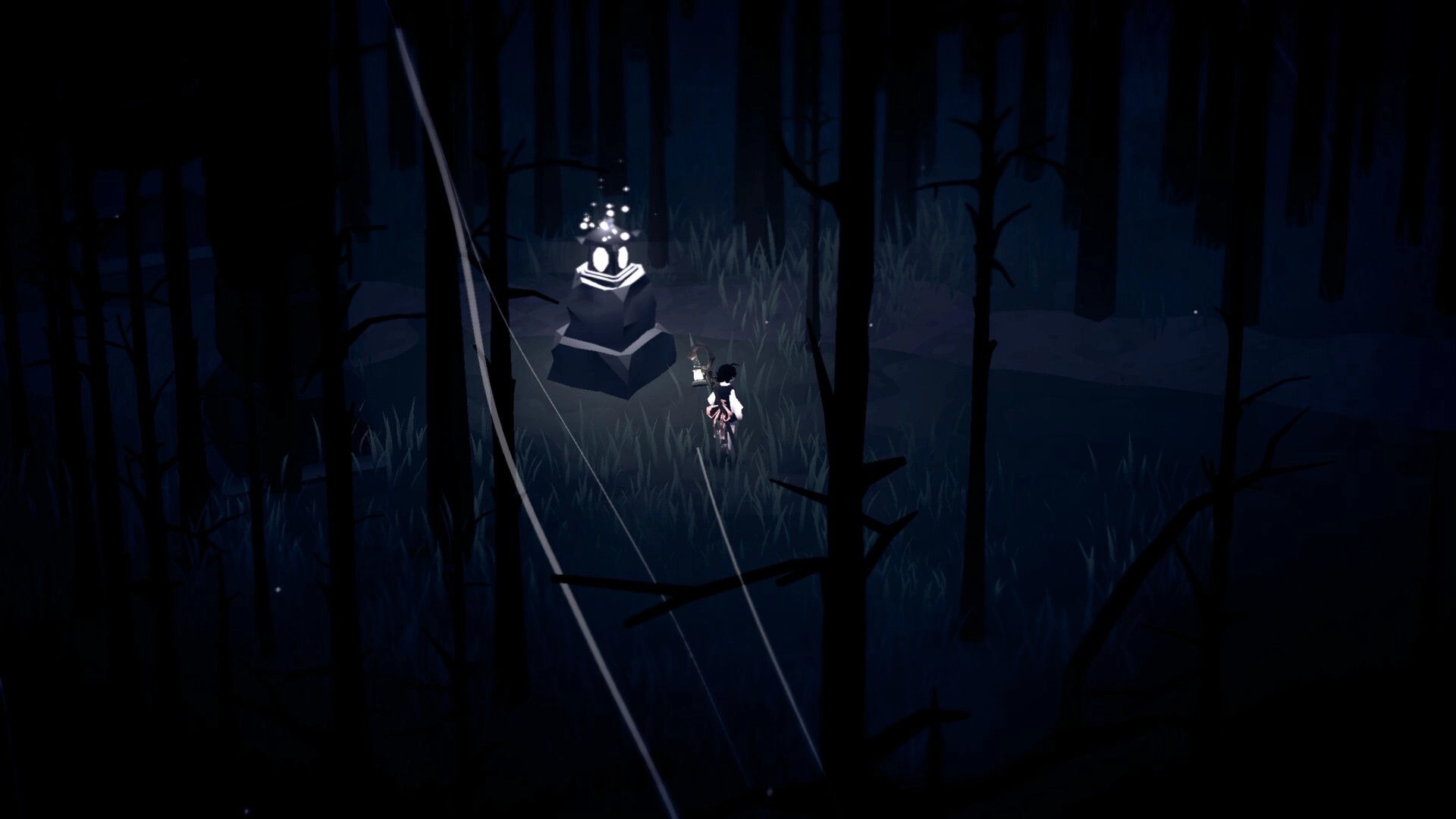 Grey Wake: Explorer holds a lantern near a glowing shrine in a dark, misty swamp forest at night.