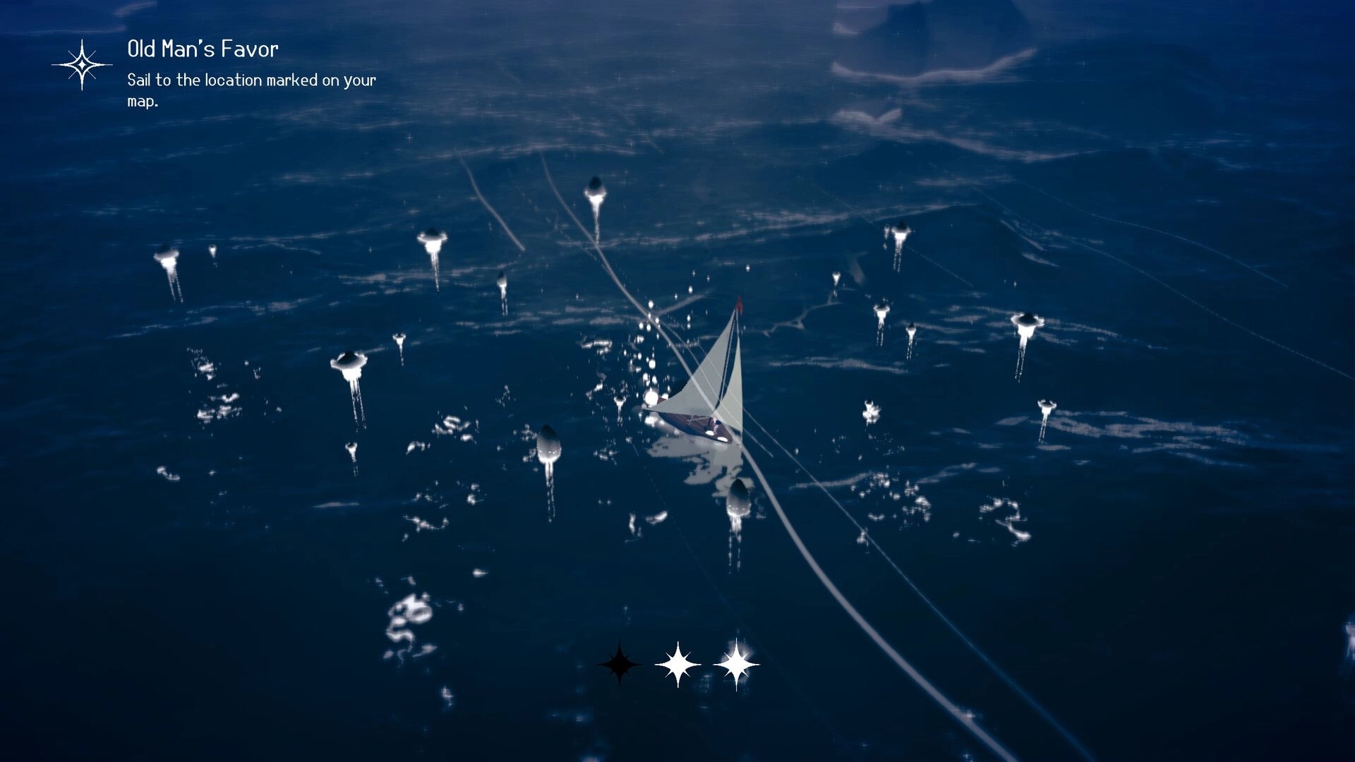 Grey Wake: Sailboat glides through dark sea among glowing markers, quest text "Old Man's Favor" UI.