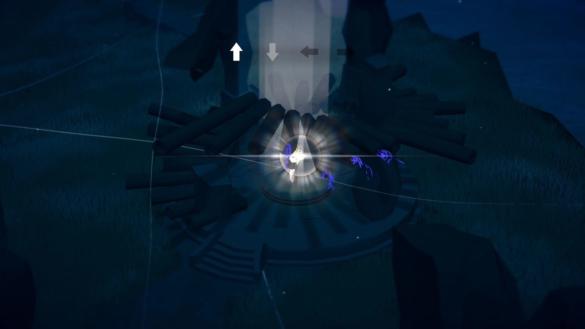 Grey Wake: Glowing figure on a circular stone altar with arrow prompts in a dark grassy ruin at night.