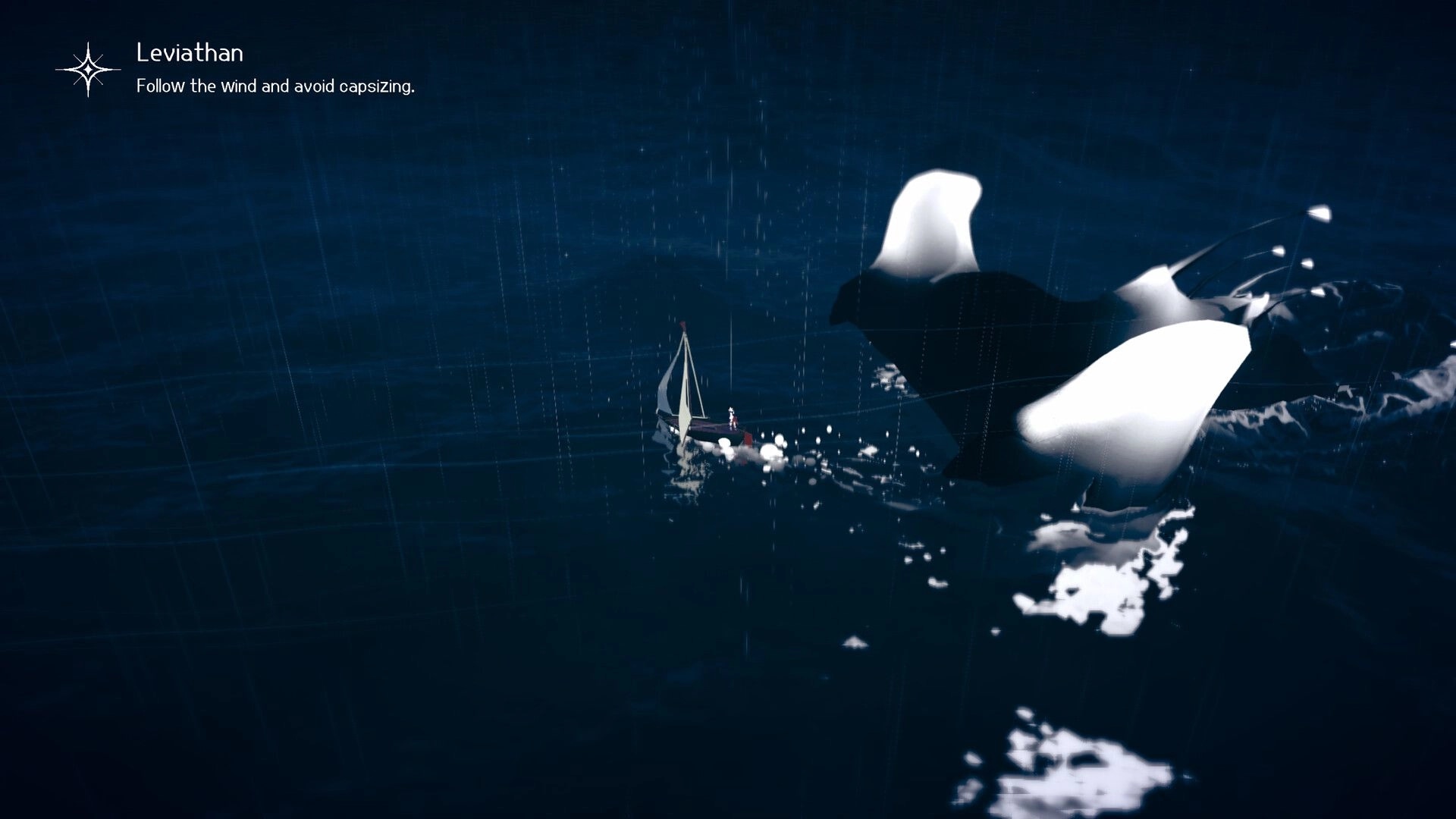 Grey Wake: Sailboat in stormy sea beside a massive whale, with Leviathan tip text overlay.