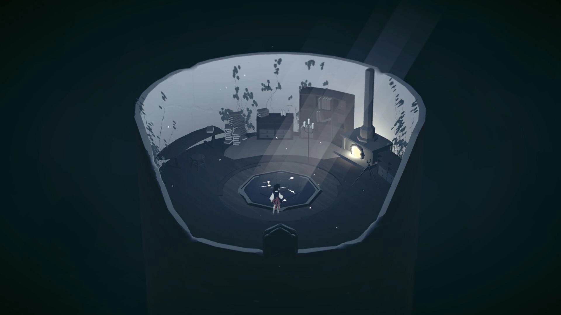 Grey Wake: Small figure stands by a glowing hatch inside a dim round cabin with stove and shelves.