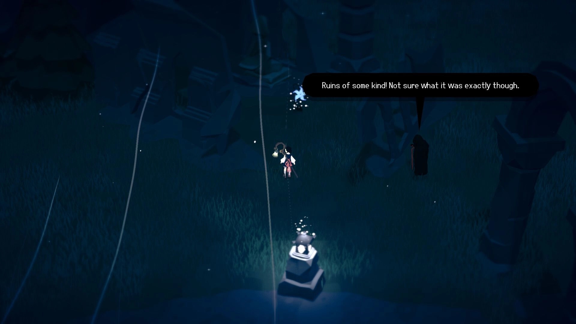 Grey Wake: Player explores moonlit ruins as a dialogue bubble appears in a misty grassy clearing.