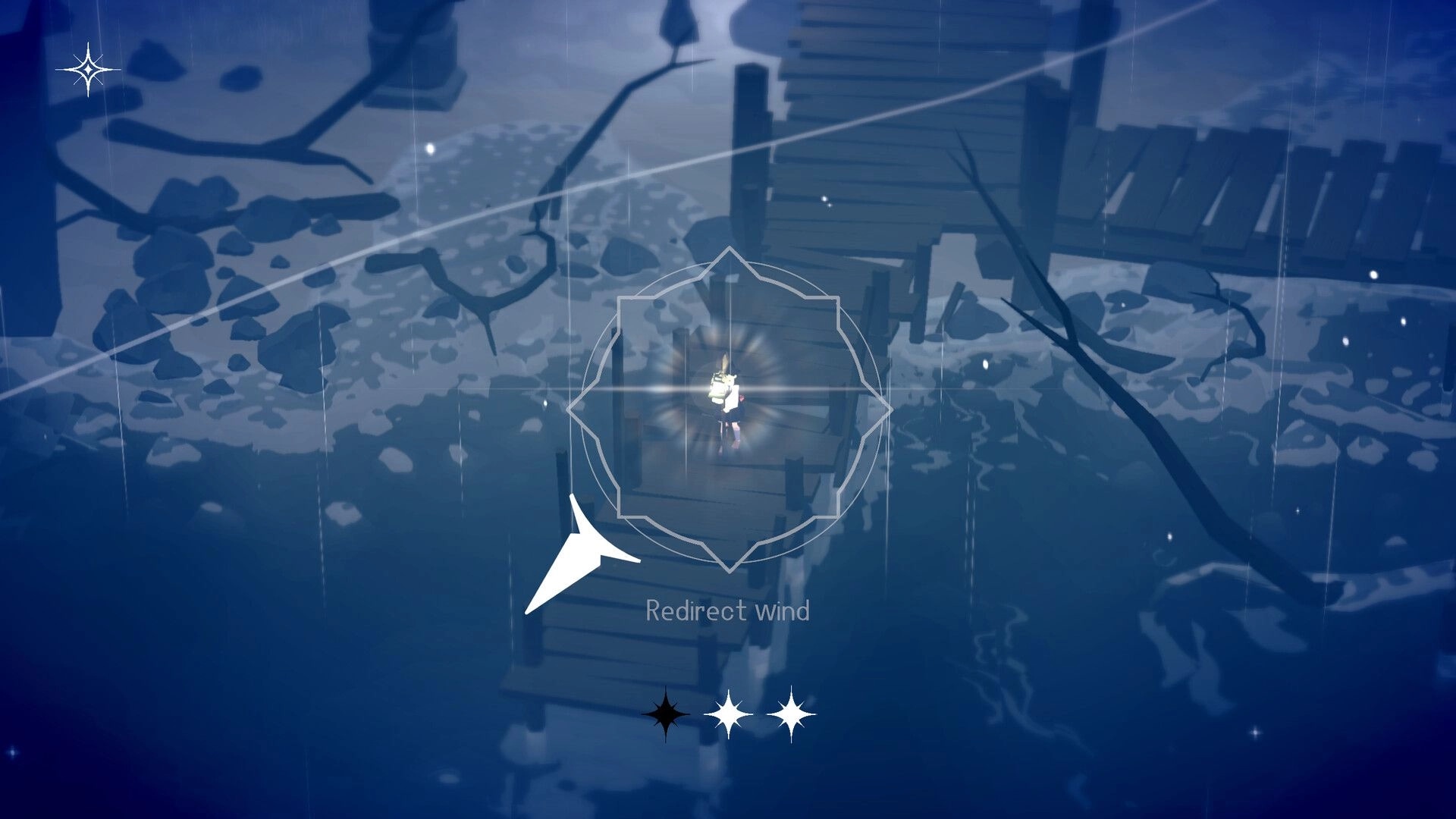 Grey Wake: Character uses Redirect wind ability on a dock in rainy, flooded ruins with UI reticle.