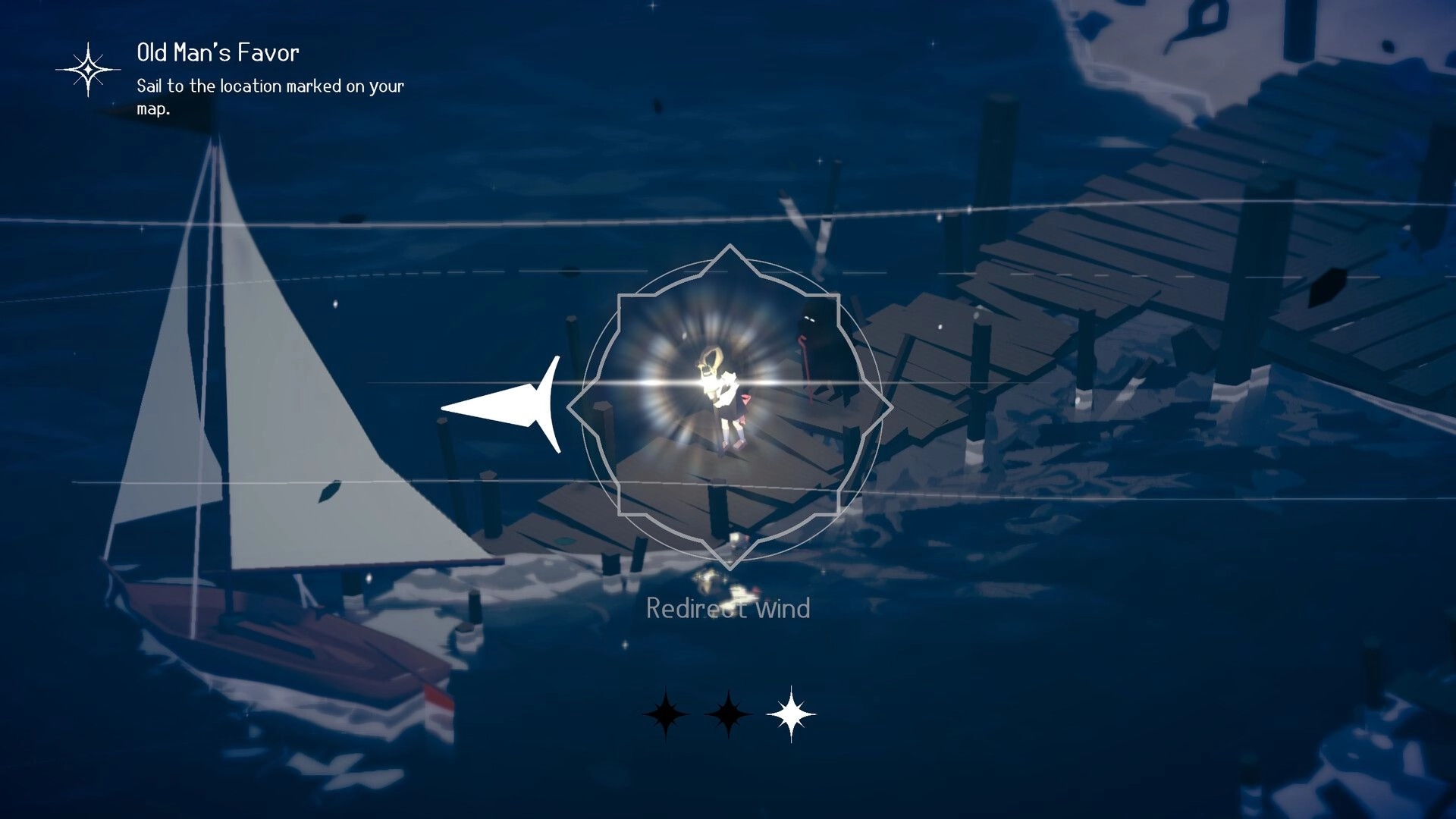 Grey Wake: Redirect Wind ability aimed from a dock beside a sailboat in dark, misty waters.