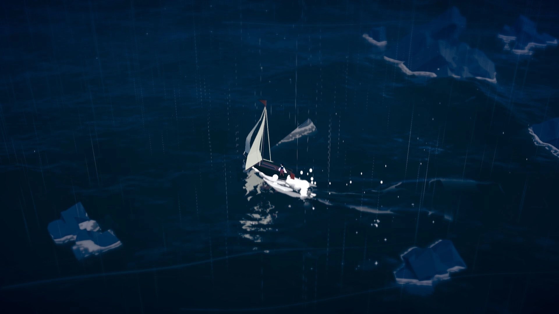 Grey Wake: Small sailboat cutting through dark rain-soaked sea near icy rocks at night.
