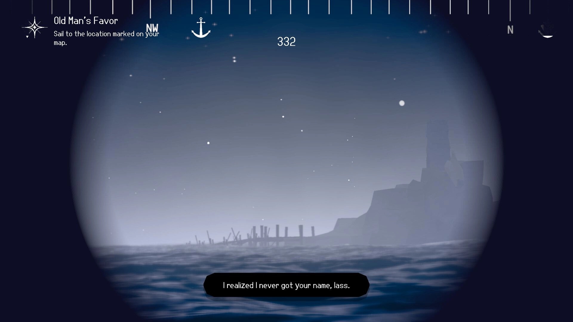Grey Wake: Telescope view of misty shoreline and ruined pier at sea with quest text and dialogue subtitle.