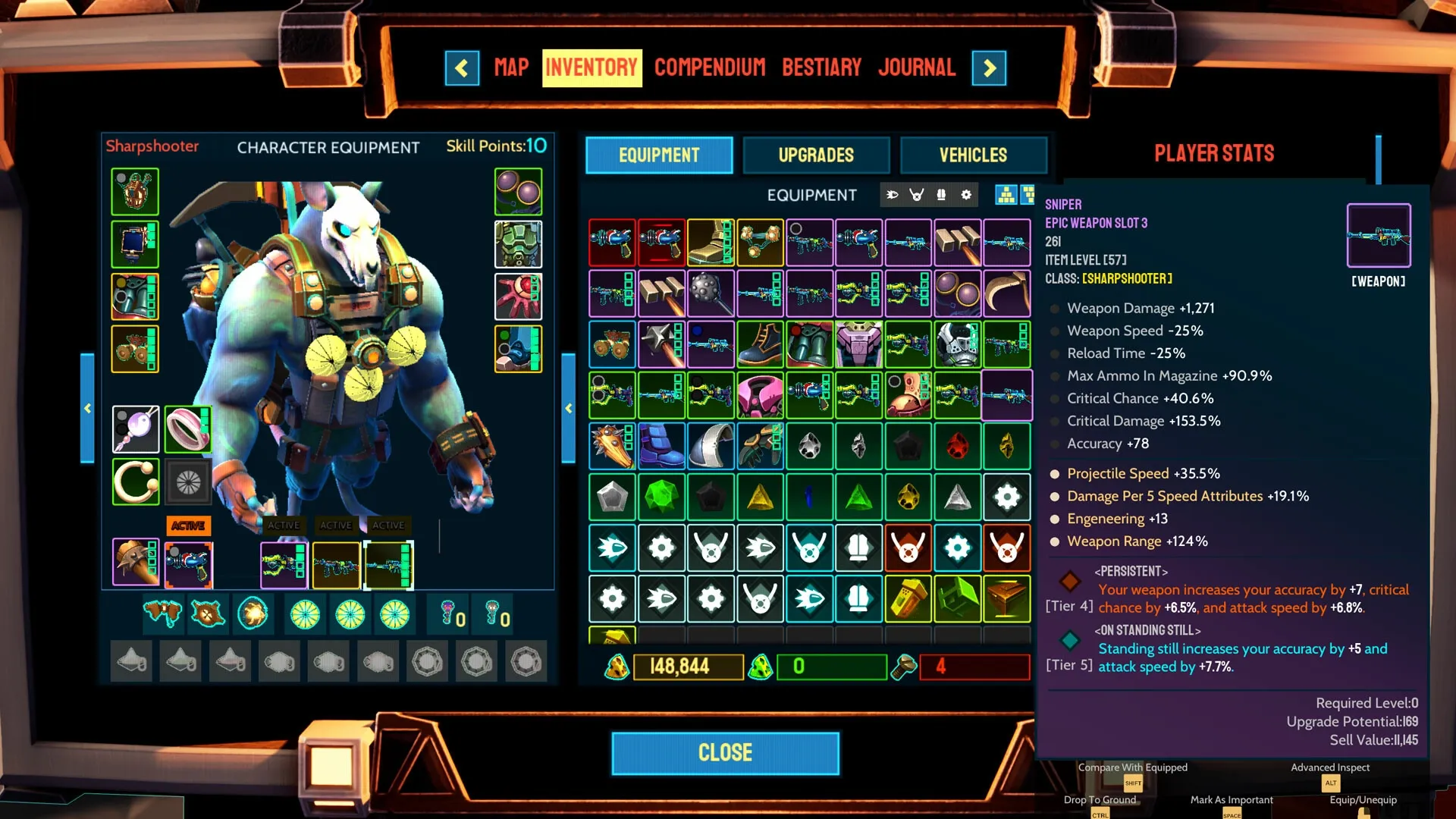 Greyskin: Character equipment screen with a sharpshooter class, inventory, and player stats displayed