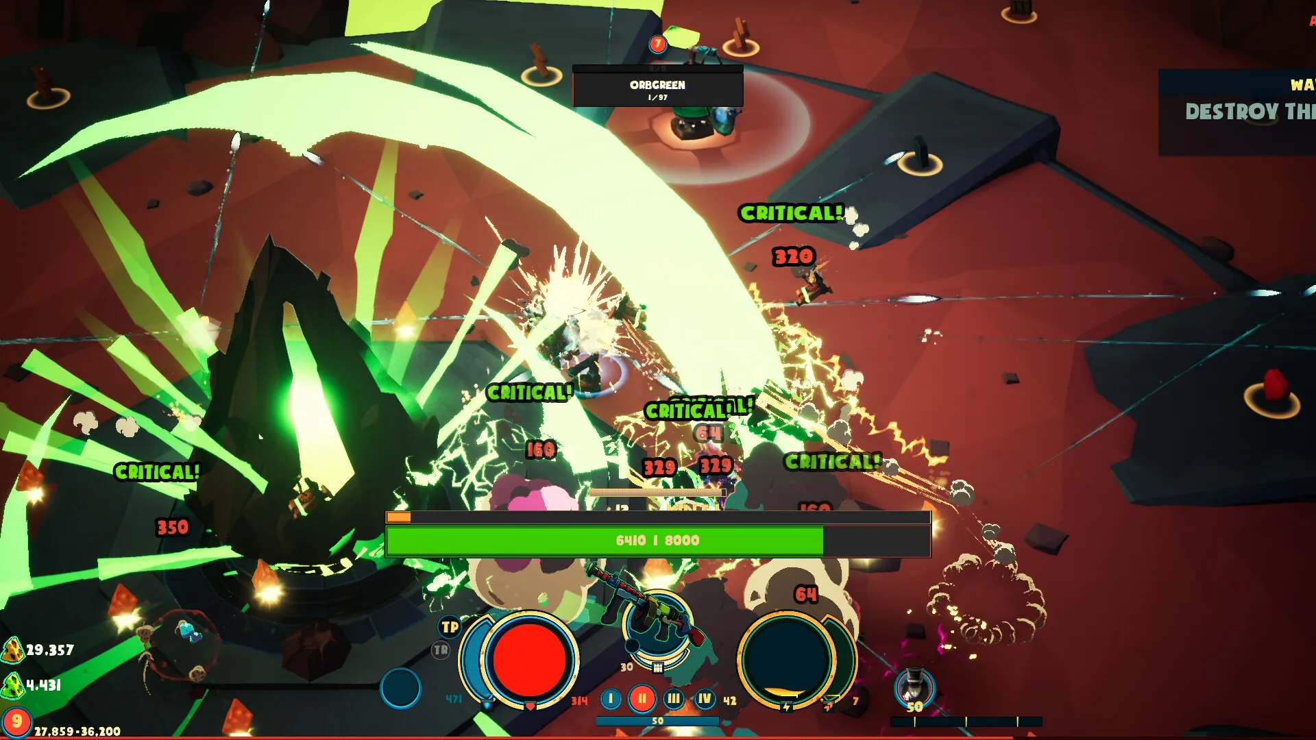 Greyskin: Intense combat with critical hits displayed in a vibrant dungeon environment with UI overlays.