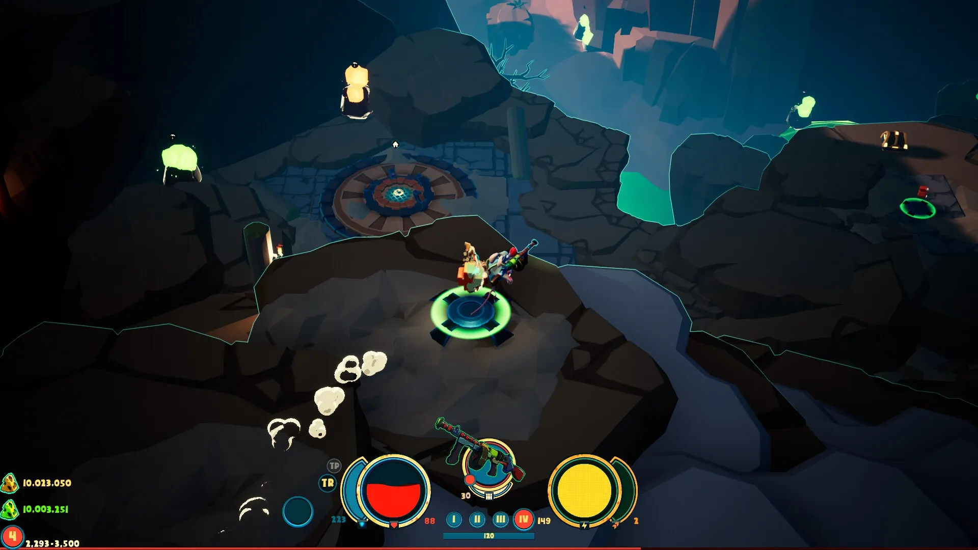 Greyskin: Player character with weapon on rocky platform, HUD elements visible in cavern environment