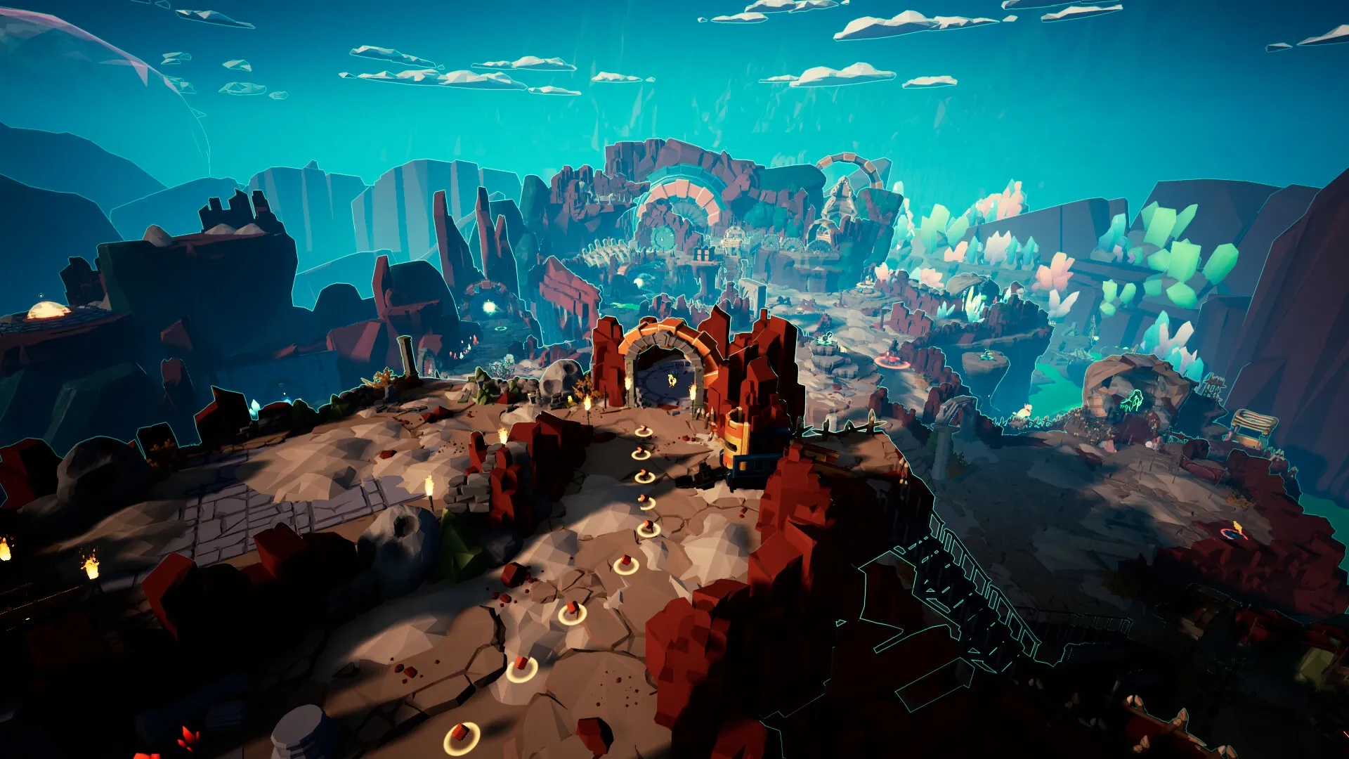 Greyskin: Overhead view of a rocky landscape with winding paths and structures under a blue sky.