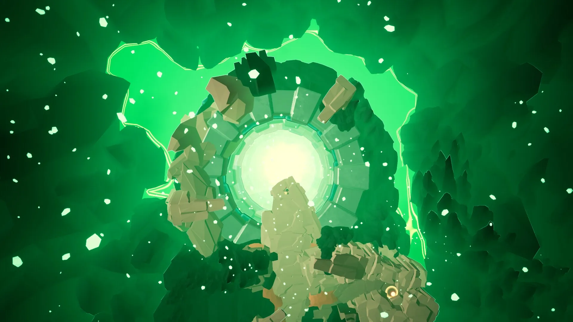 Greyskin: Stone figure near glowing portal surrounded by vibrant green cavern walls and floating particles.
