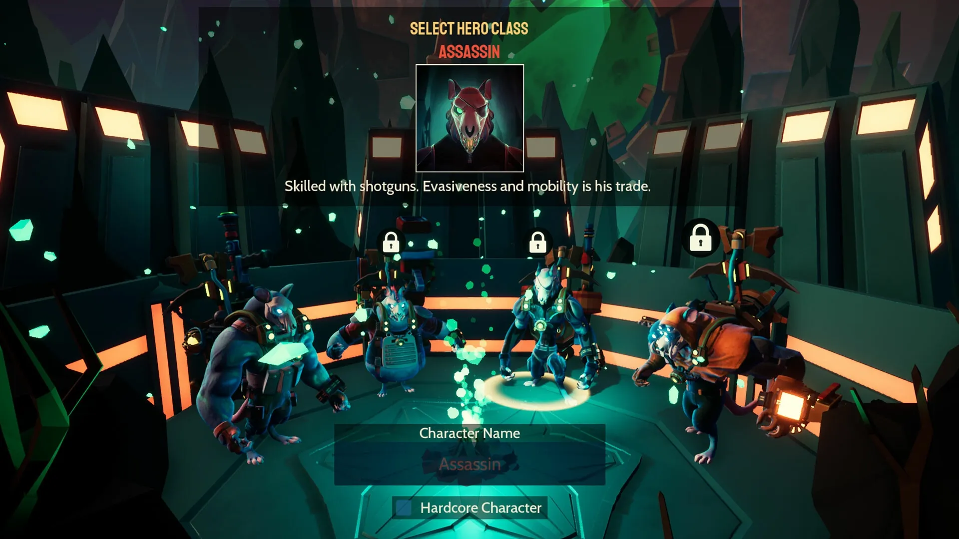 Greyskin: Hero class selection screen with four character options in a dimly lit futuristic chamber