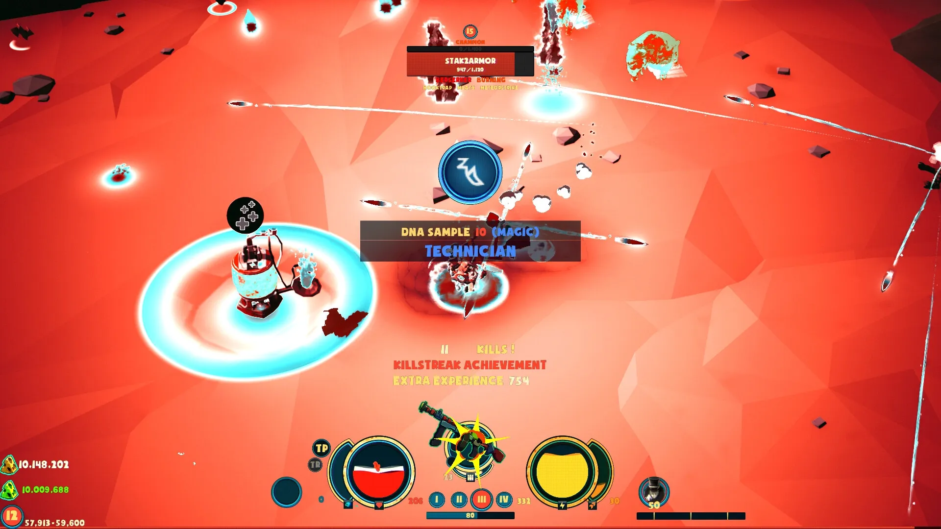 Greyskin: Combat interface displaying health, abilities, and achievements in a fiery red battlefield.