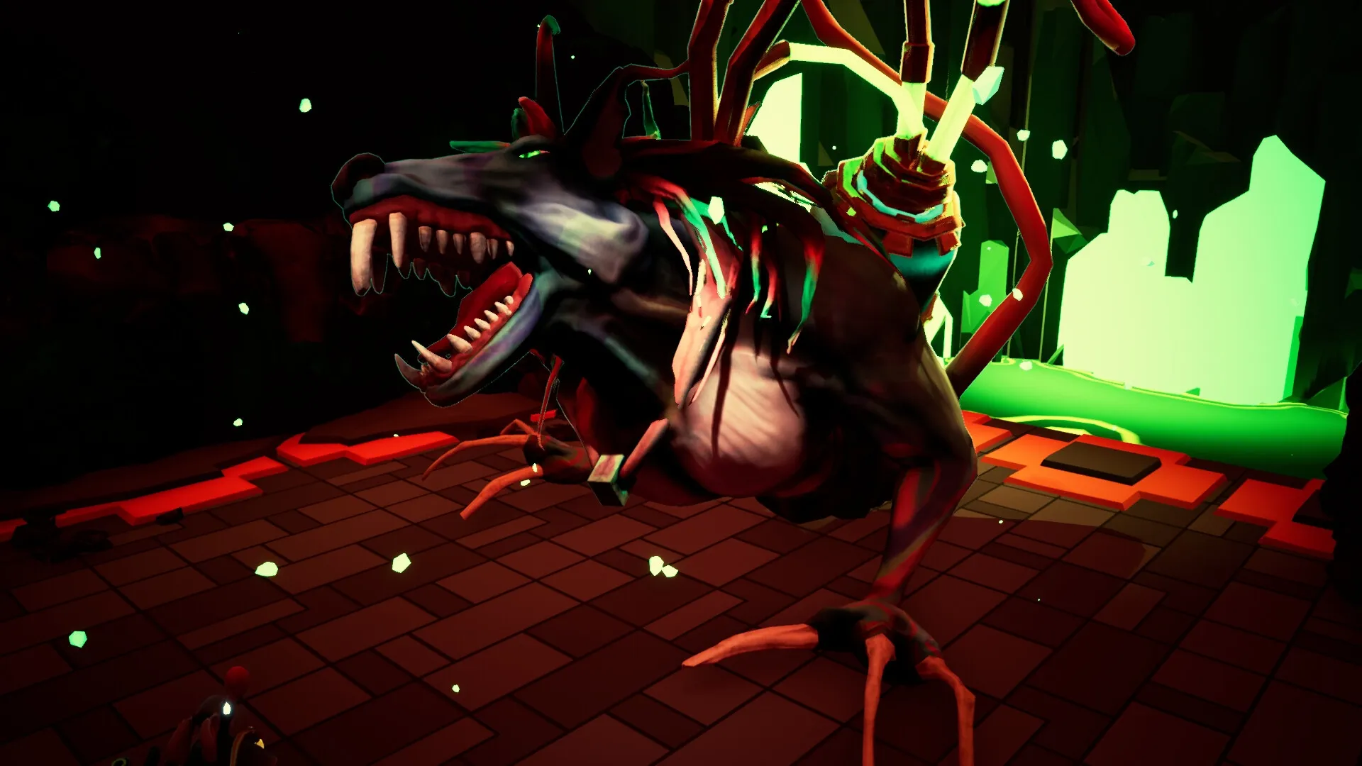 Greyskin: Giant monster with sharp teeth on glowing green dungeon floor