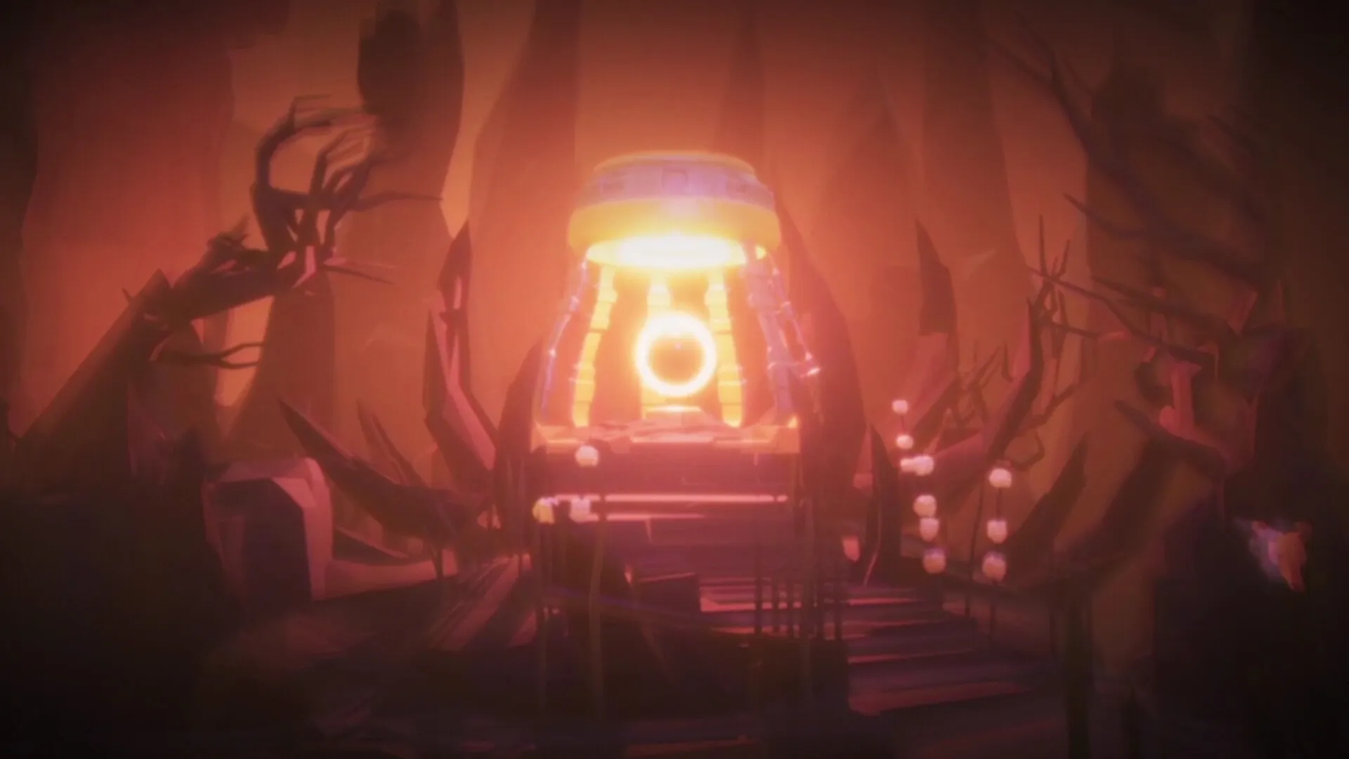 Greyskin: Glowing portal on ancient stone platform surrounded by eerie trees in dimly lit cavern