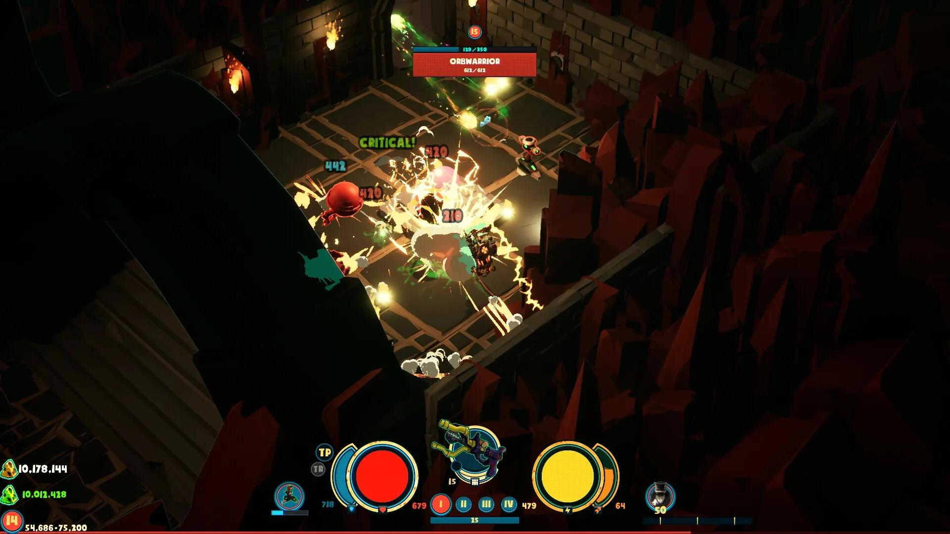 Greyskin: Intense combat with orb warrior in a dungeon, showing health bars and explosive effects