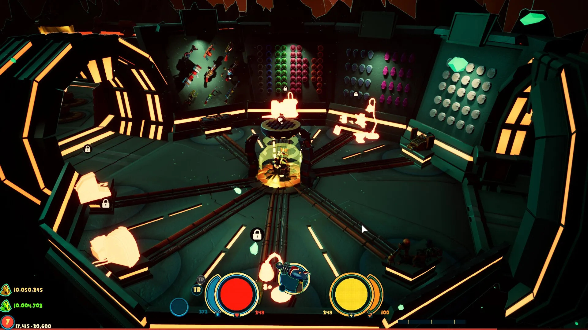 Greyskin: Central hub with glowing neon elements and locked paths, inventory and stats displayed