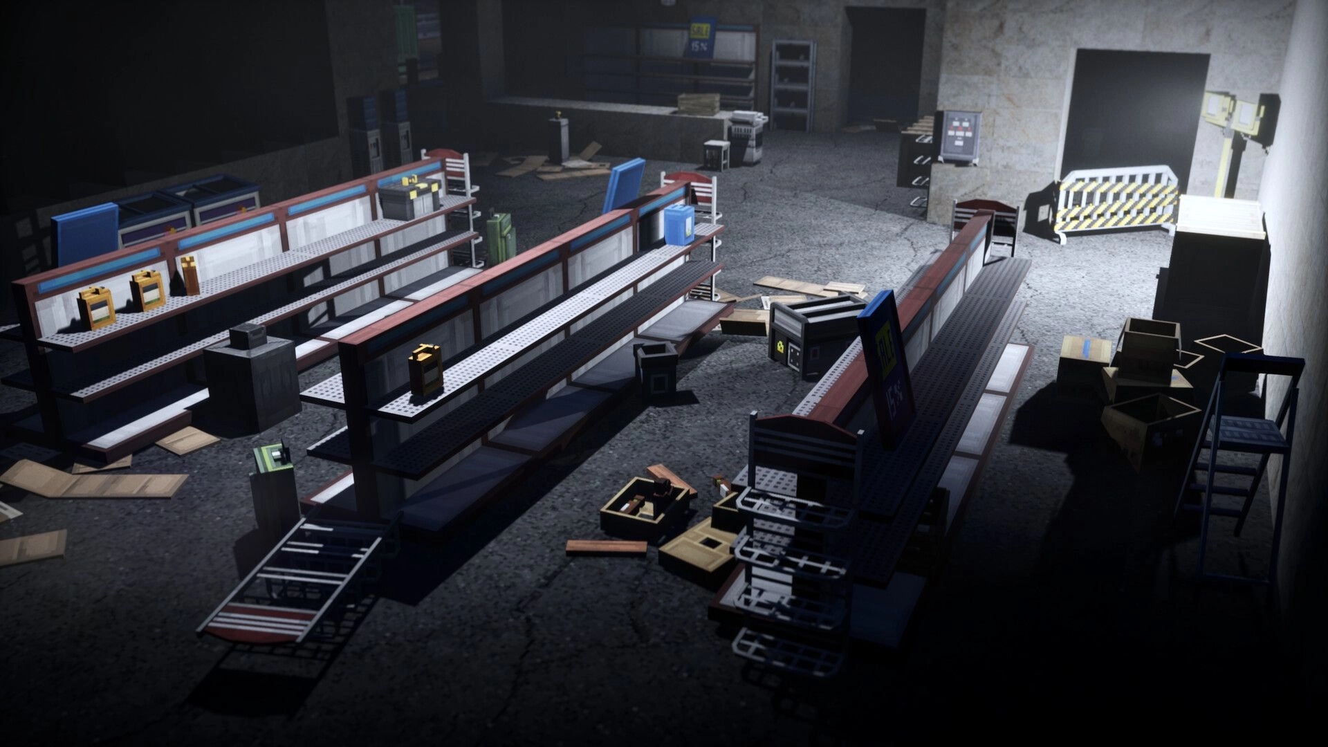 GRIDLANDS: Empty warehouse store aisles with scattered loot crates and debris in a dim industrial room.