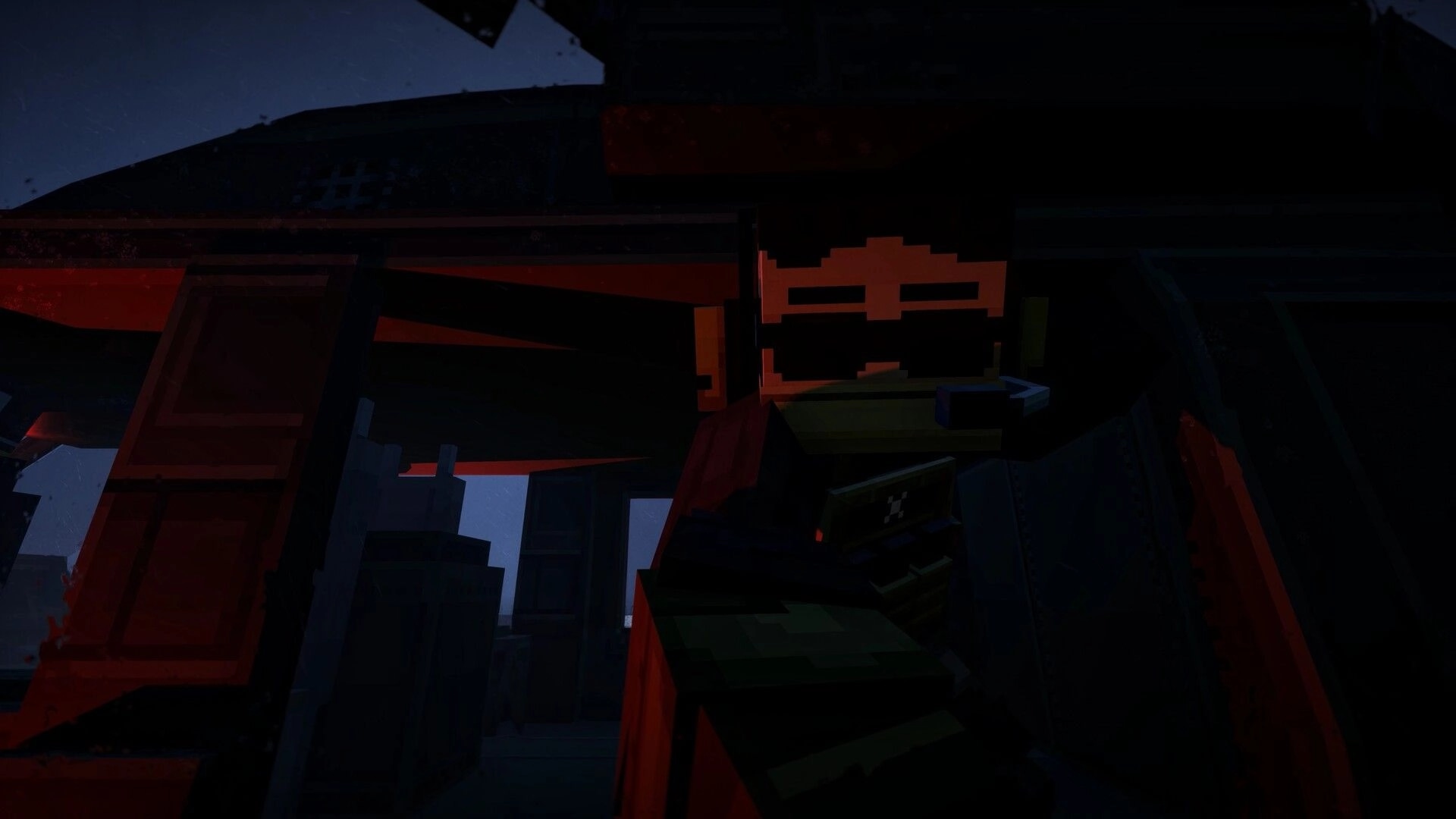 GRIDLANDS: Close-up of a masked soldier in blocky armor inside a dim, red-lit industrial structure.