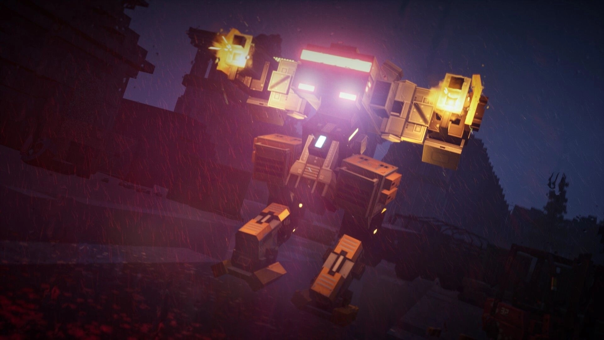 GRIDLANDS: Giant blocky mech with glowing pink visor in heavy rain over a dark industrial zone.