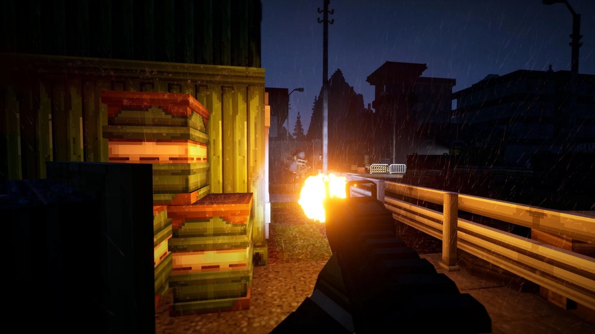 GRIDLANDS: First-person gunfire with bright muzzle flash by stacked crates on a rainy industrial road.