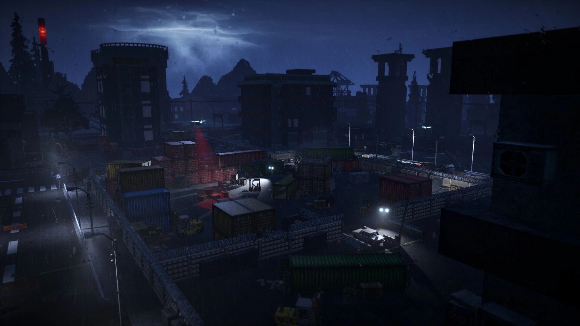 GRIDLANDS: Drone spotlight sweeps stacked shipping containers in a rainy, fenced industrial yard at night.