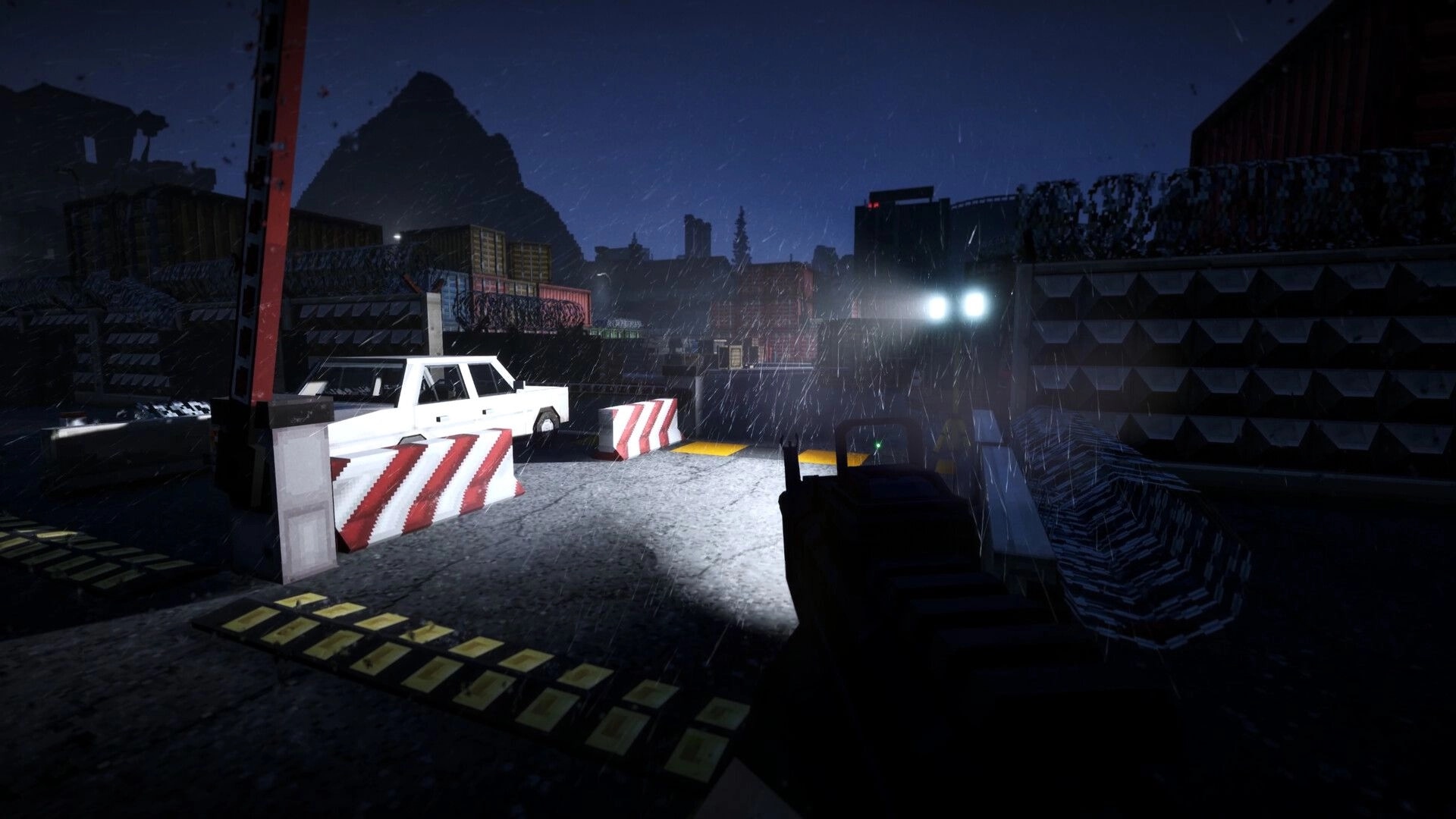 GRIDLANDS: First-person view aiming flashlight at barricades and a white car in a rainy industrial yard.