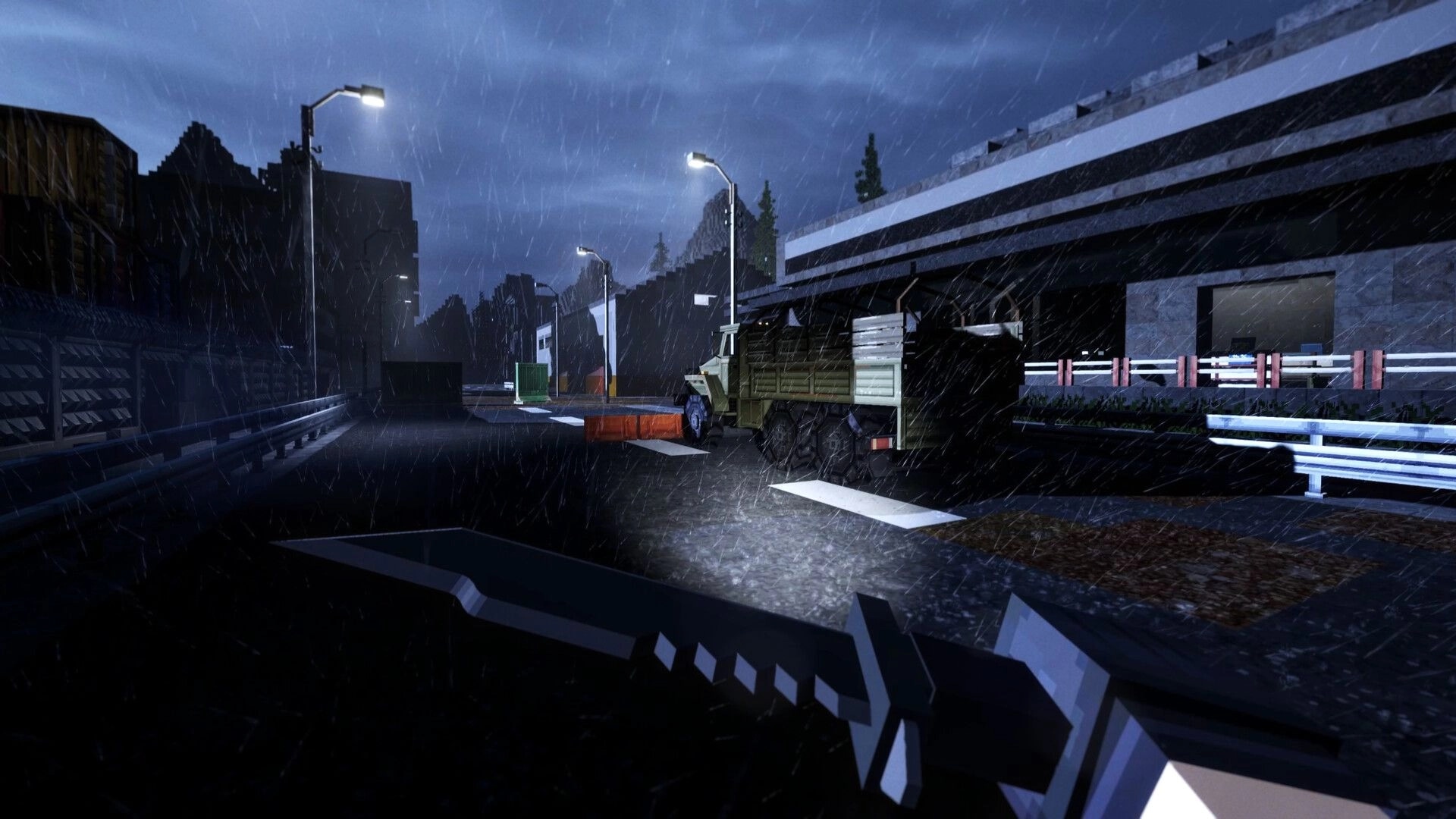 GRIDLANDS: First-person view holding a rifle on a rainy highway with barricades and a parked truck.