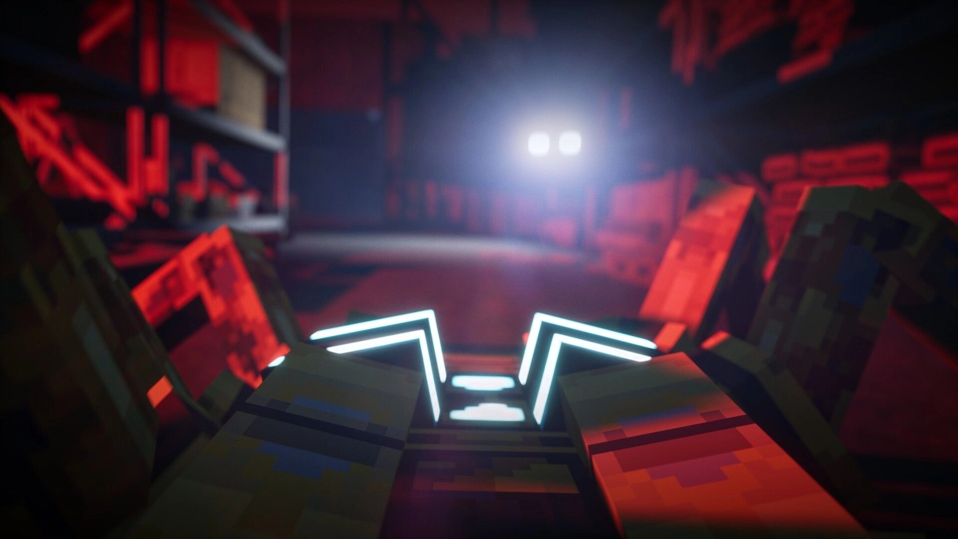 GRIDLANDS: First-person view holding a glowing device in a red-lit industrial corridor with crates ahead.