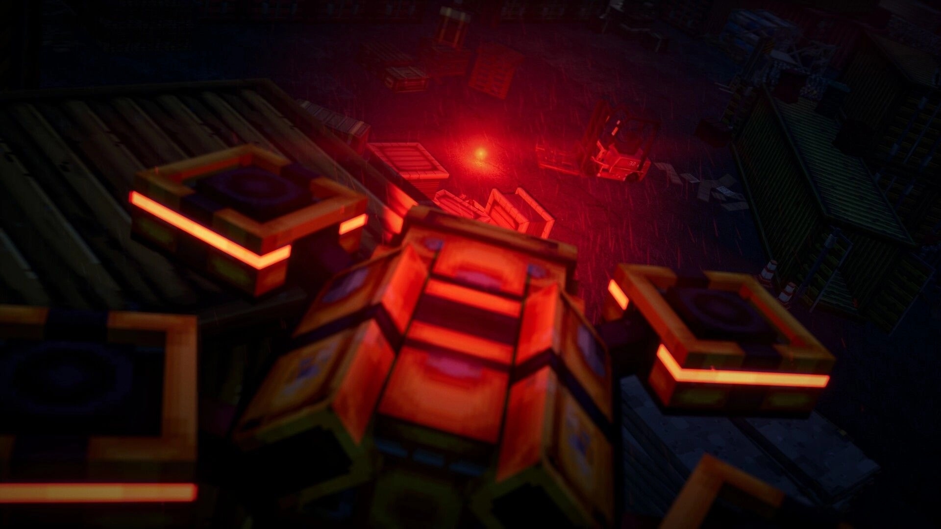 GRIDLANDS: First-person view aiming over glowing machinery at red flare in a dark industrial yard.
