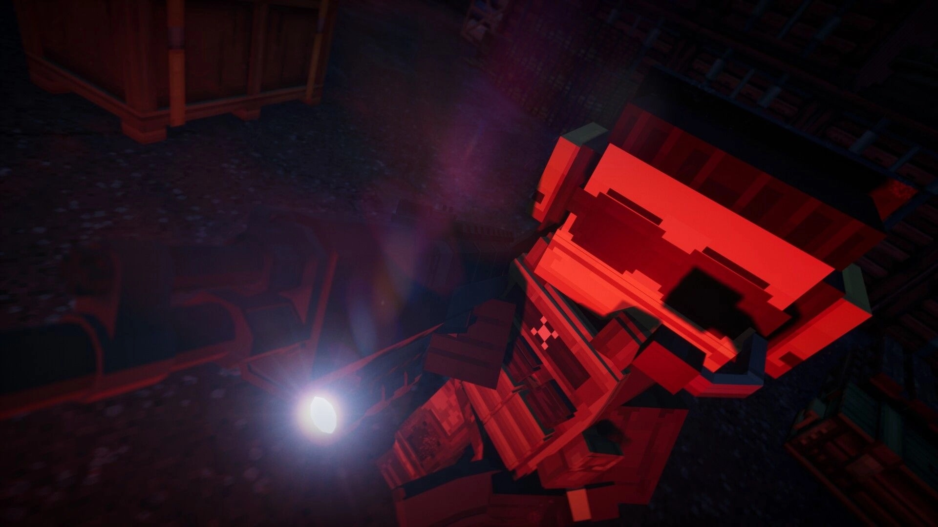 GRIDLANDS: Close-up of a red blocky machine with a bright headlamp in a dark industrial yard.