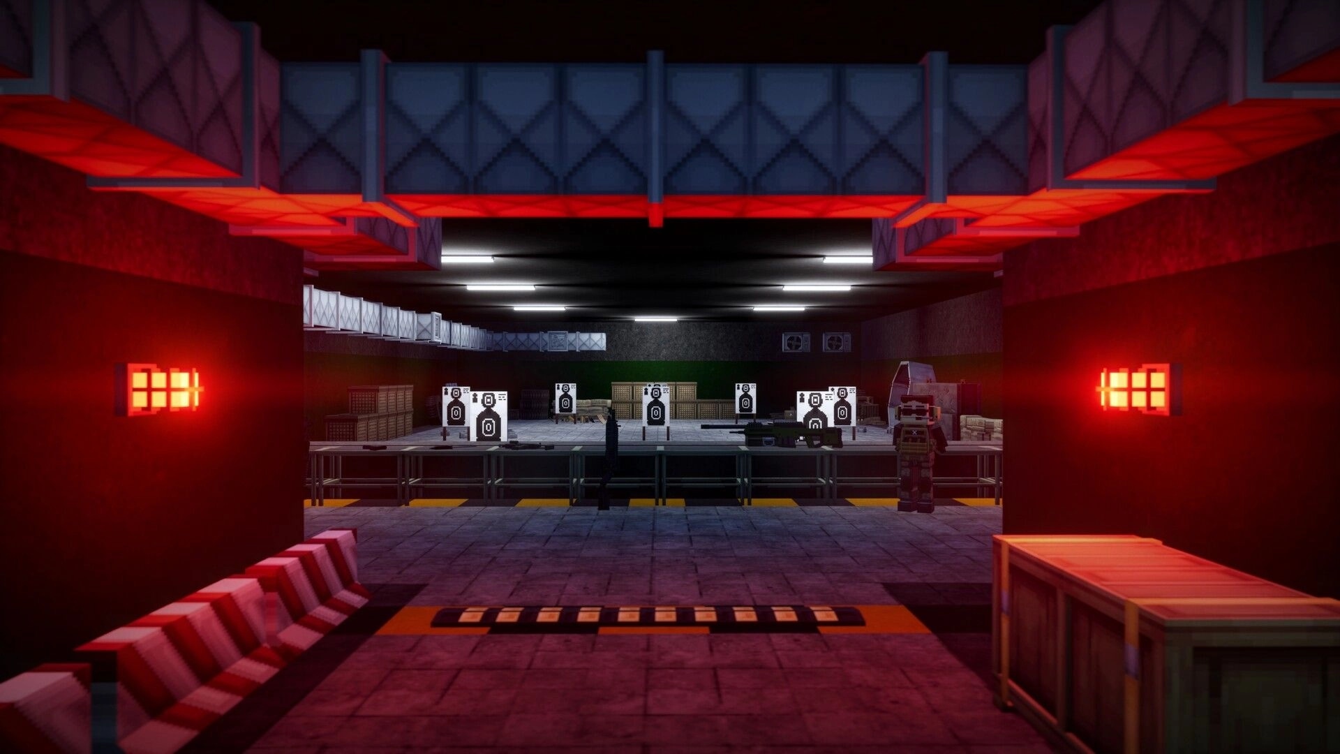 GRIDLANDS: Player aims at paper targets on a firing range inside a red-lit industrial training hall.