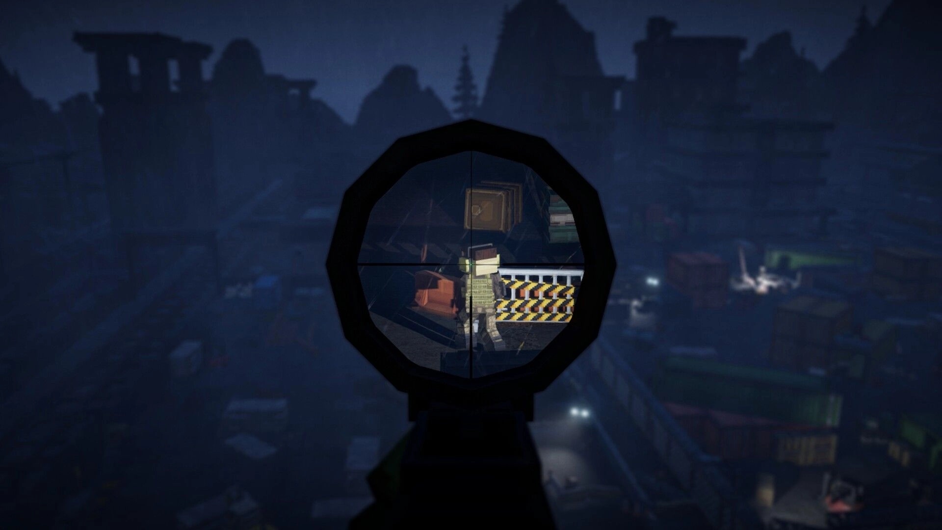 GRIDLANDS: Scoped rifle view aiming at a blocky enemy on rooftop in a foggy industrial ruin skyline.