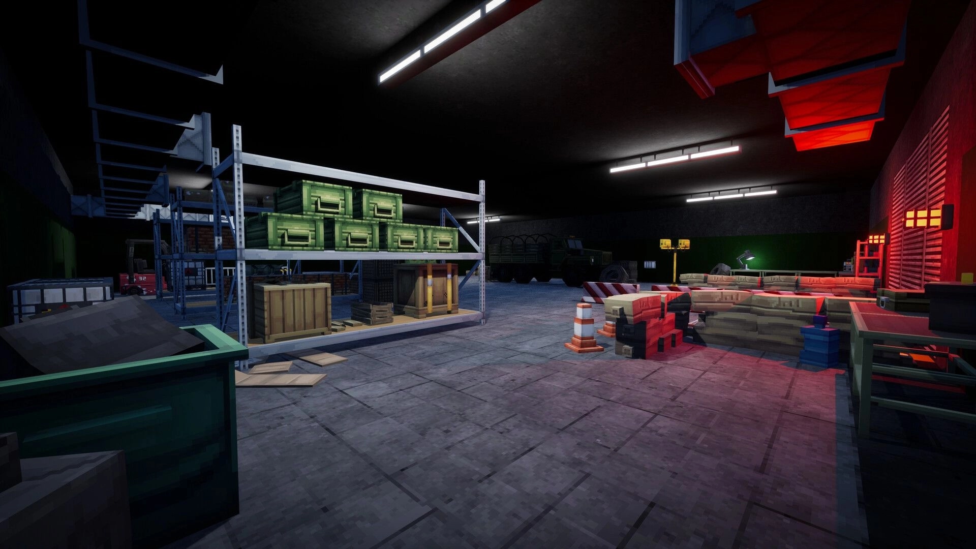 GRIDLANDS: Empty warehouse loot area with stacked crates, shelves, and barricades under harsh lights.
