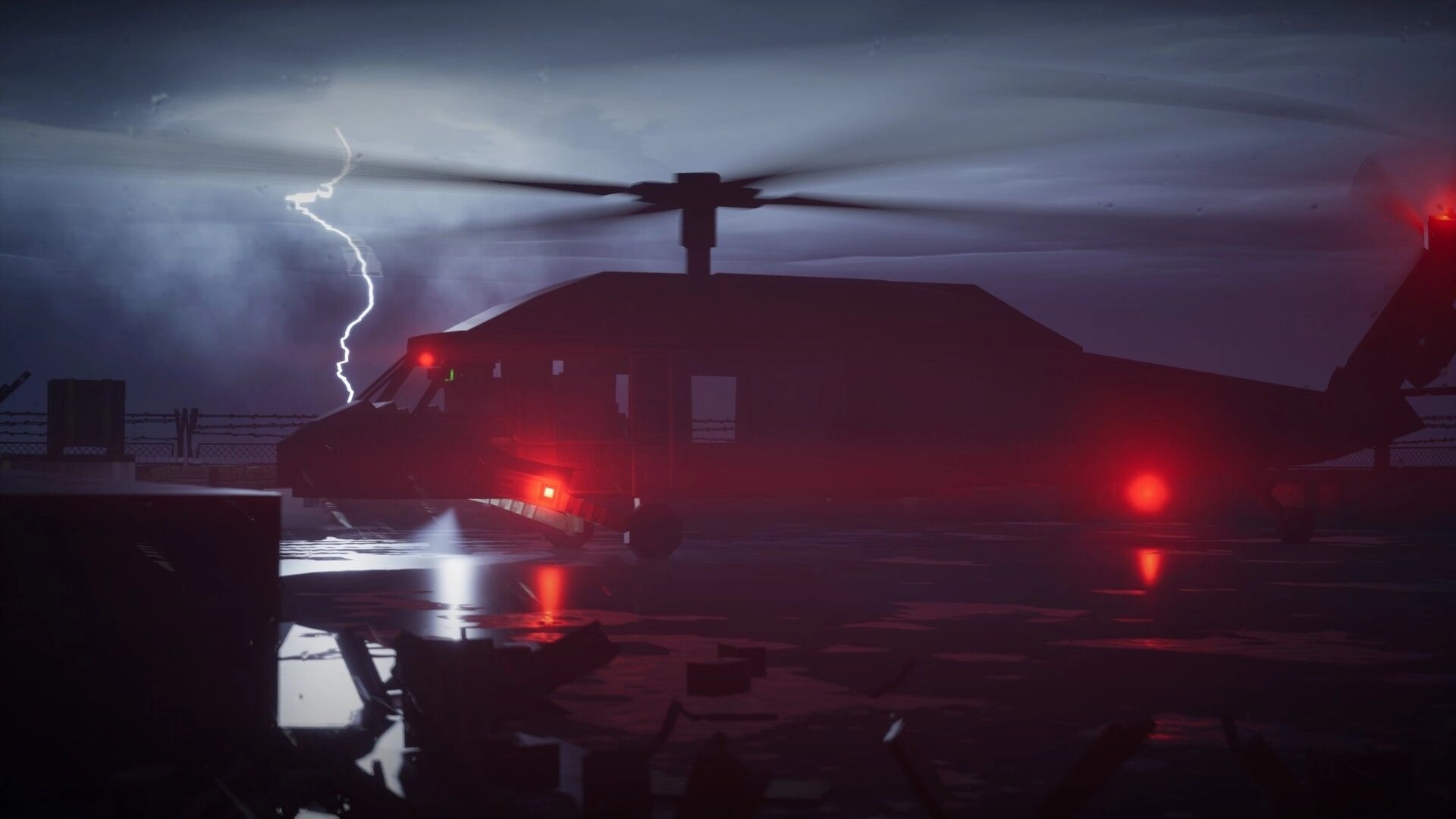 GRIDLANDS: Helicopter with spinning rotors and red lights on a rain-slick helipad during lightning storm.